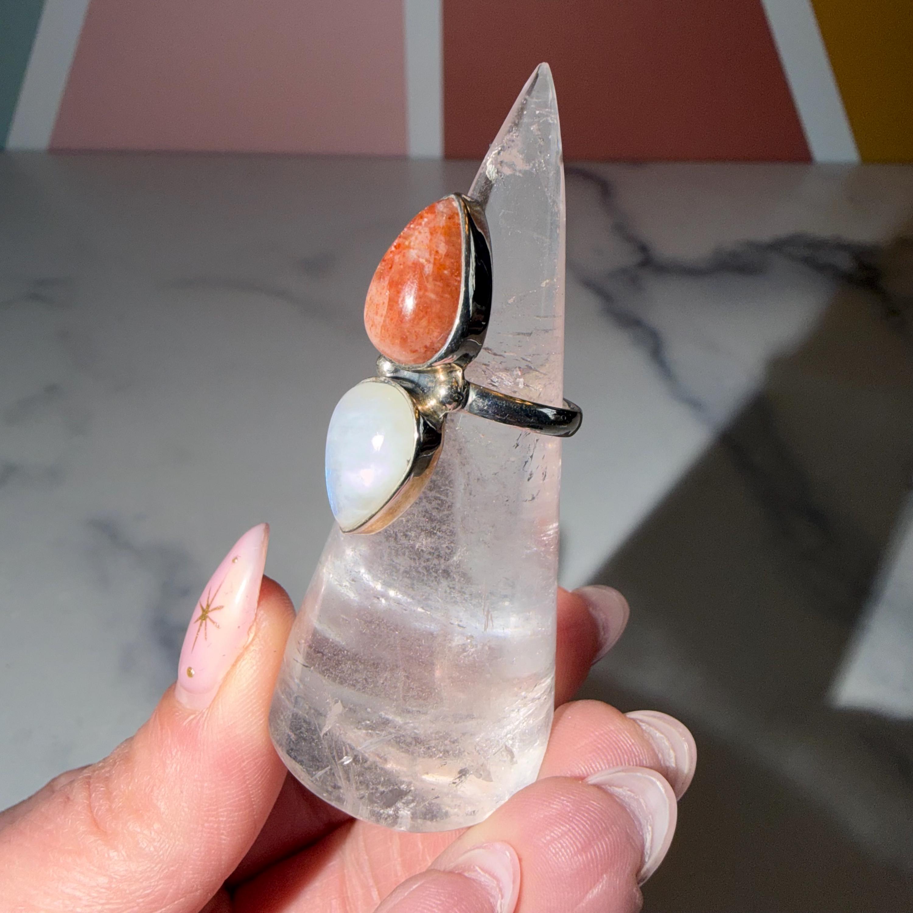 Sunstone & Moonstone Ring • 925 Sterling Silver • Size 6.25 • Celestial Gemstone Statement Ring • Boho Jewelry 3