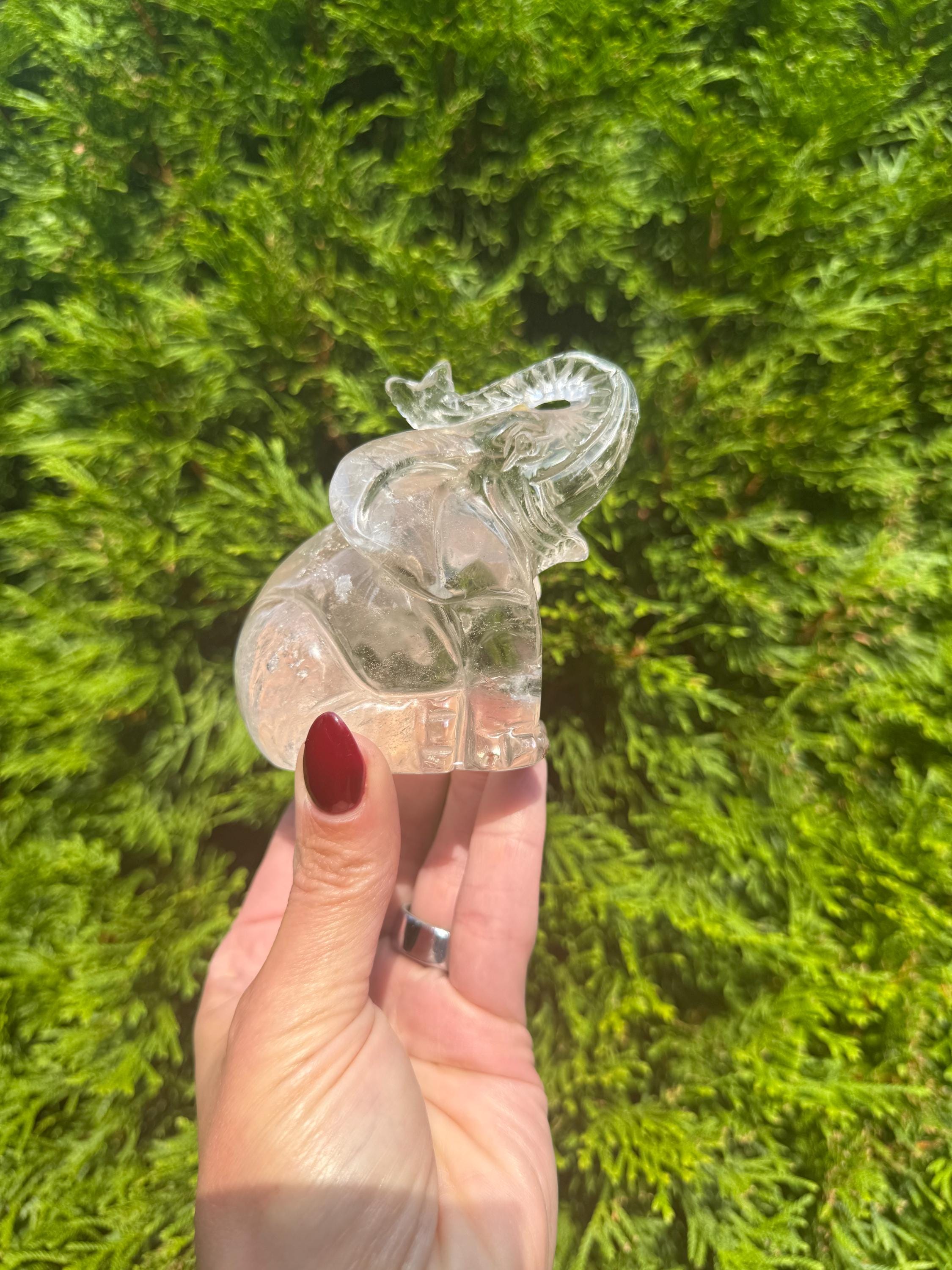 Garden Quartz Elephant Crystal Carving • Hand Carved Lodolite Animal Figurine 3