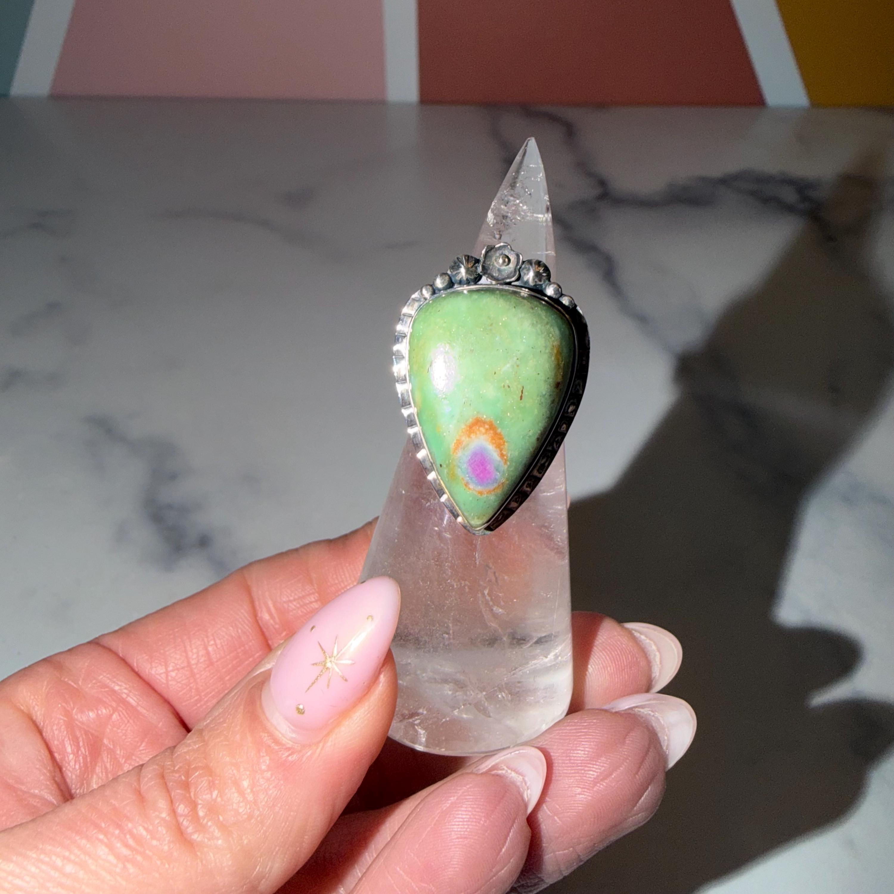 Large Ruby Fuchsite Teardrop Ring • Sterling Silver Floral Setting • Boho Statement Jewelry (Size 6.75) 3