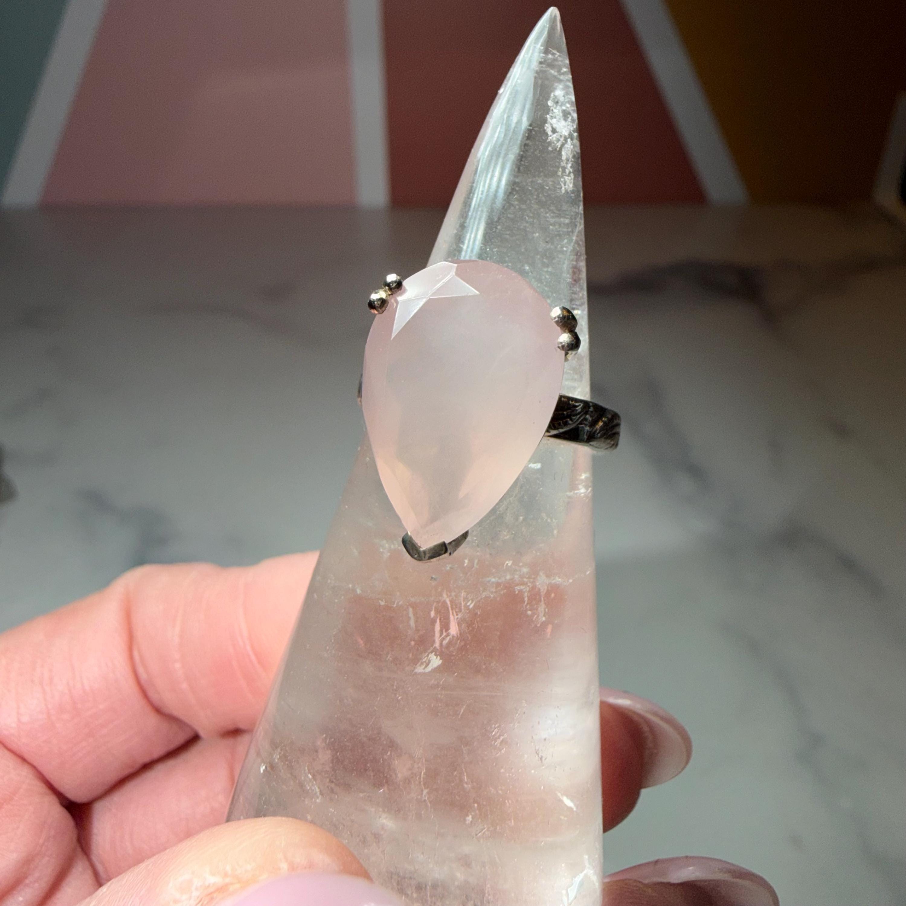Faceted Rose Quartz Tear Drop Ring, Sterling Silver Ornate Band, Size 7.25 2