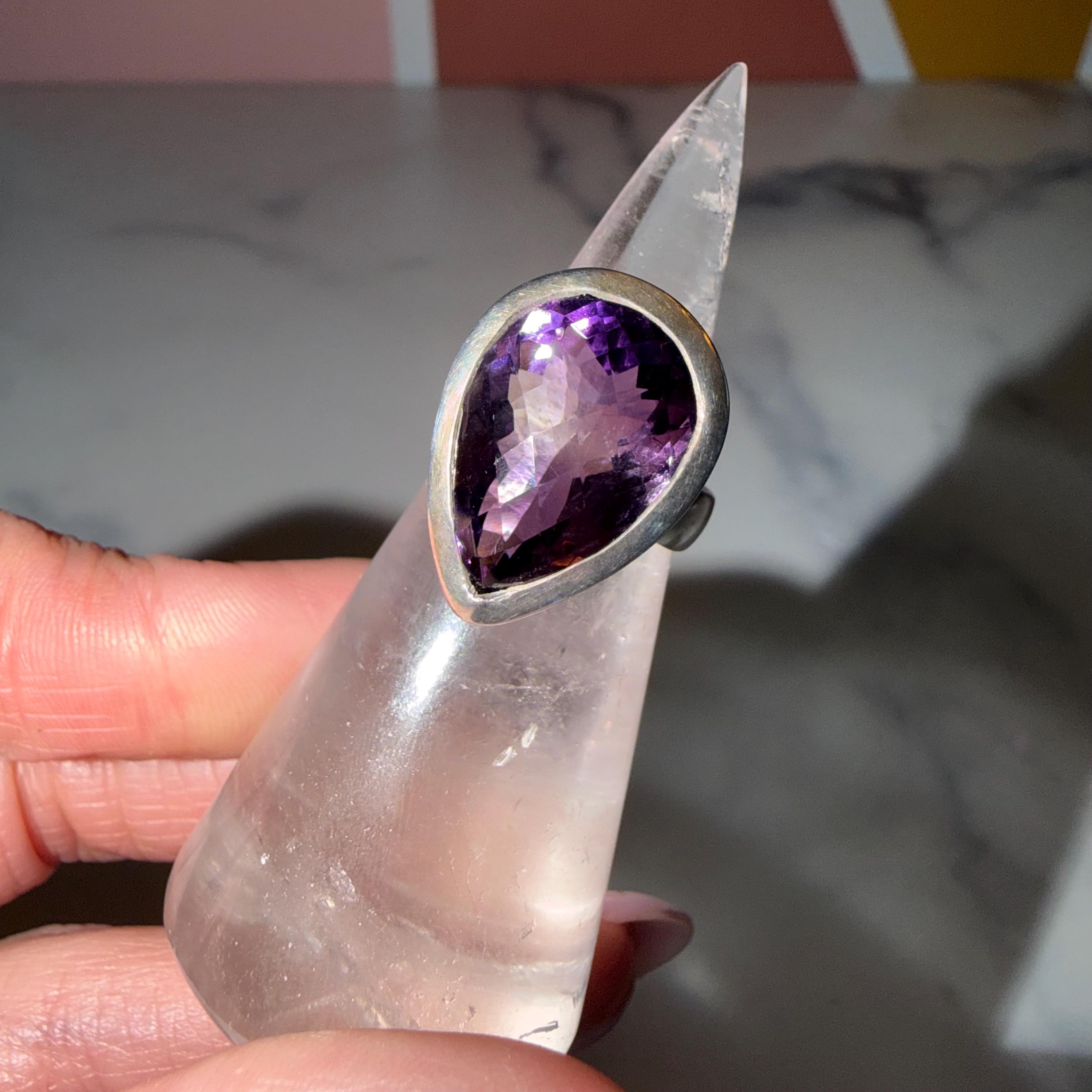 Large Amethyst Teardrop Ring • Sterling Silver • Boho Statement Jewelry (Size 6) 2