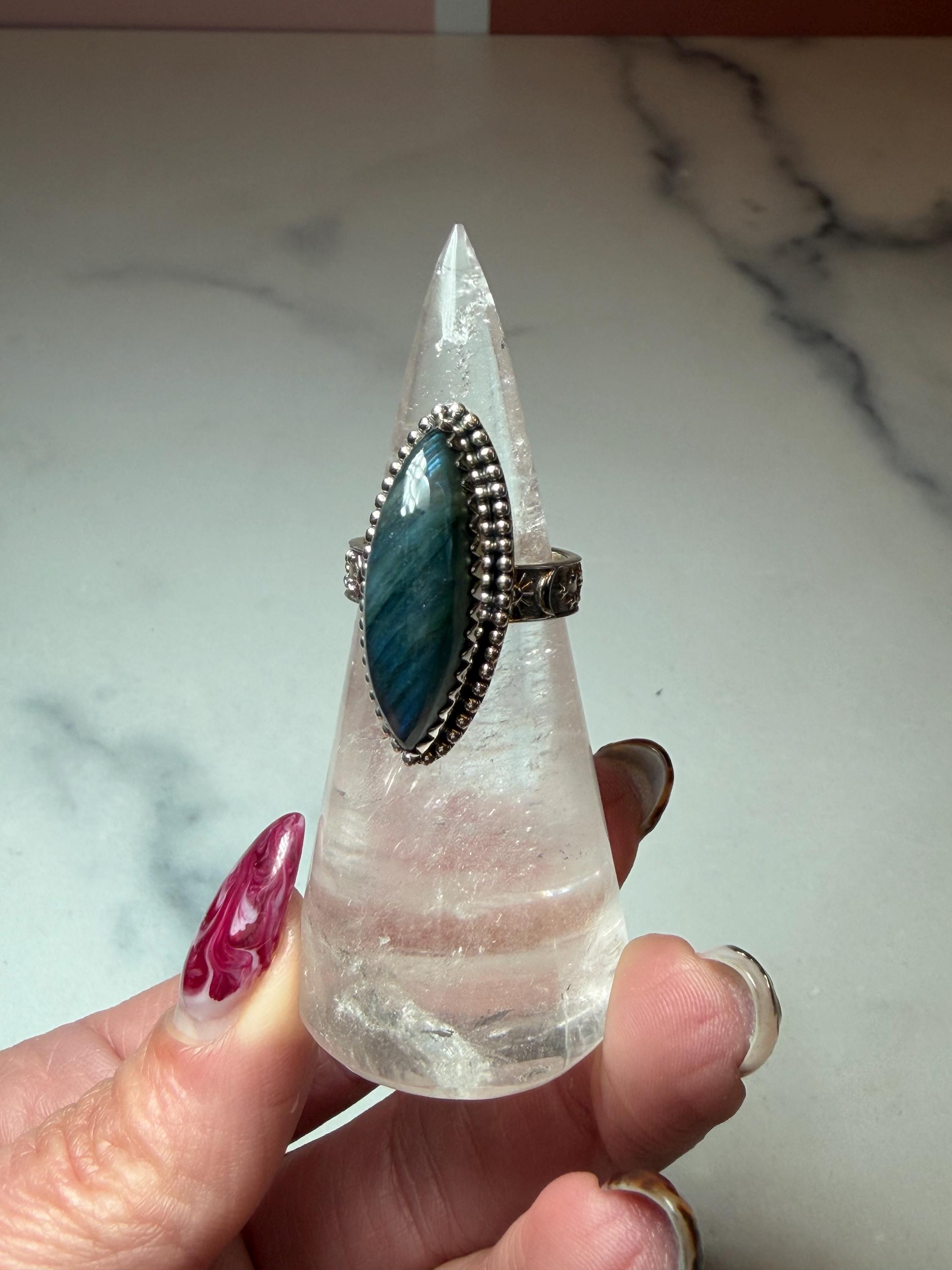Marquis Labradorite Ring • Sterling Silver • Blue Green Flash Gemstone • Boho Statement Jewelry (size 6.5) 2