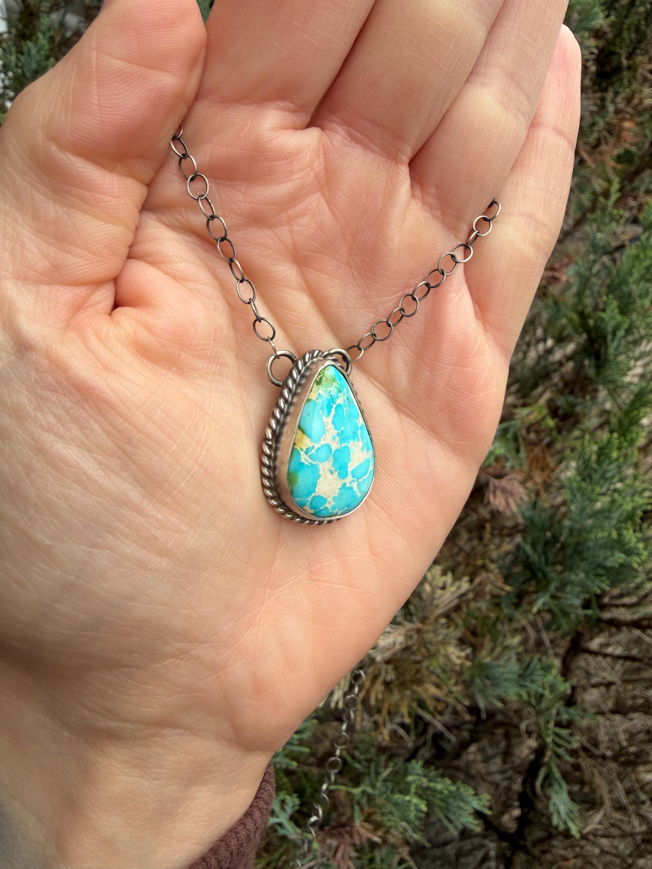Sonoran Gold Turquoise Teardrop Bar Necklace, Sterling Silver, Southwest Artisan Stamped, 19.5 Inch Chain 4
