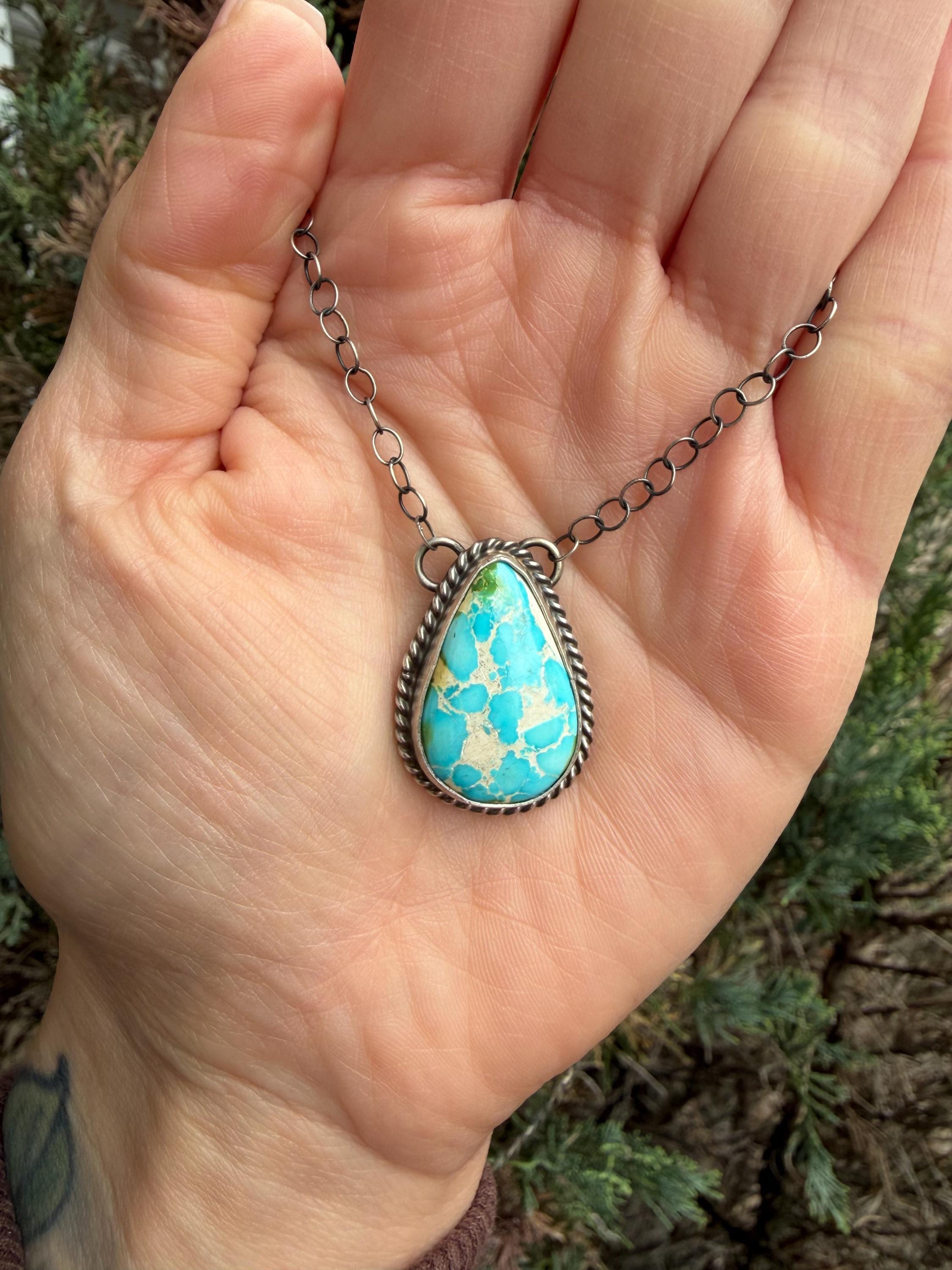 Sonoran Gold Turquoise Teardrop Bar Necklace, Sterling Silver, Southwest Artisan Stamped, 19.5 Inch Chain 5