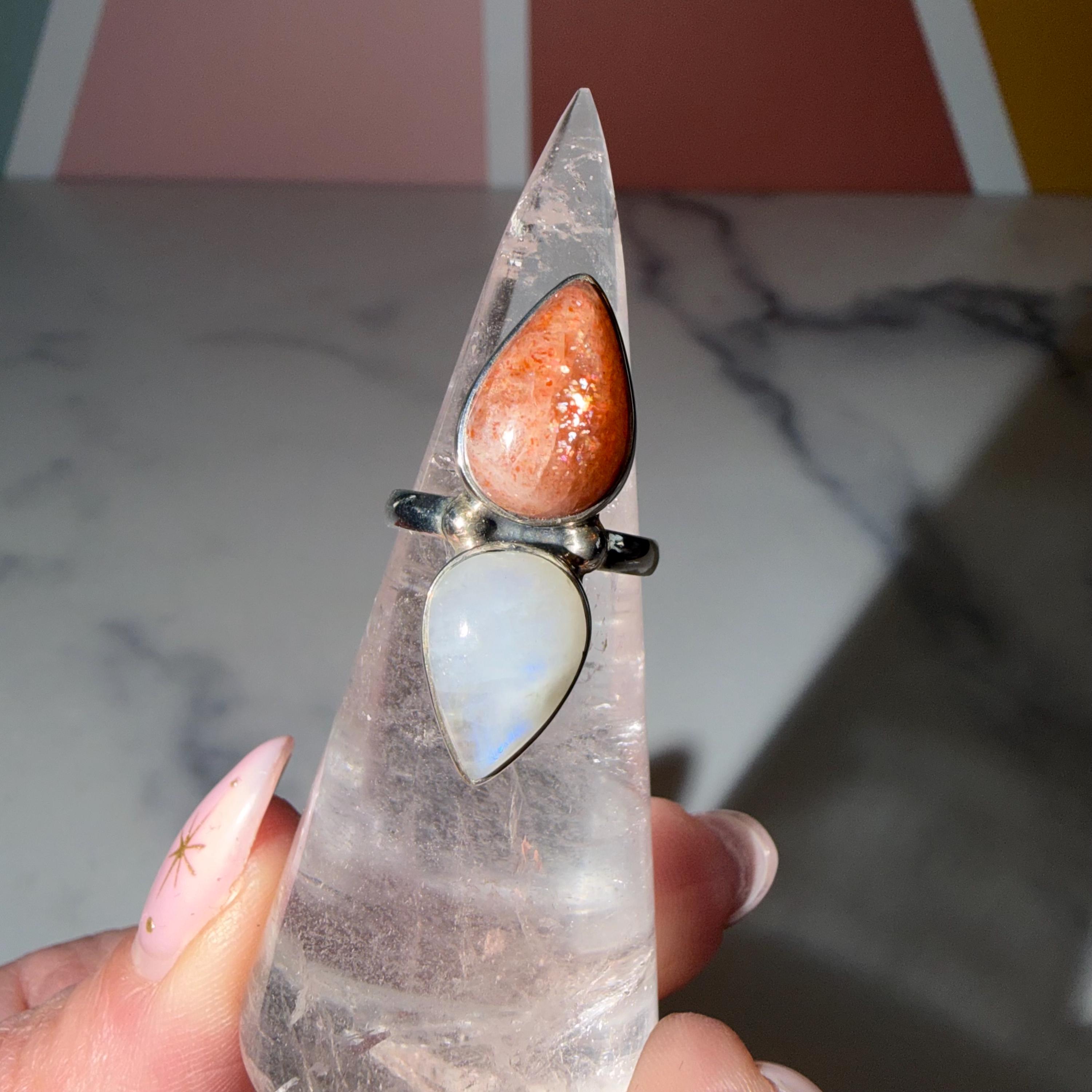 Sunstone & Moonstone Ring • 925 Sterling Silver • Size 6.25 • Celestial Gemstone Statement Ring • Boho Jewelry