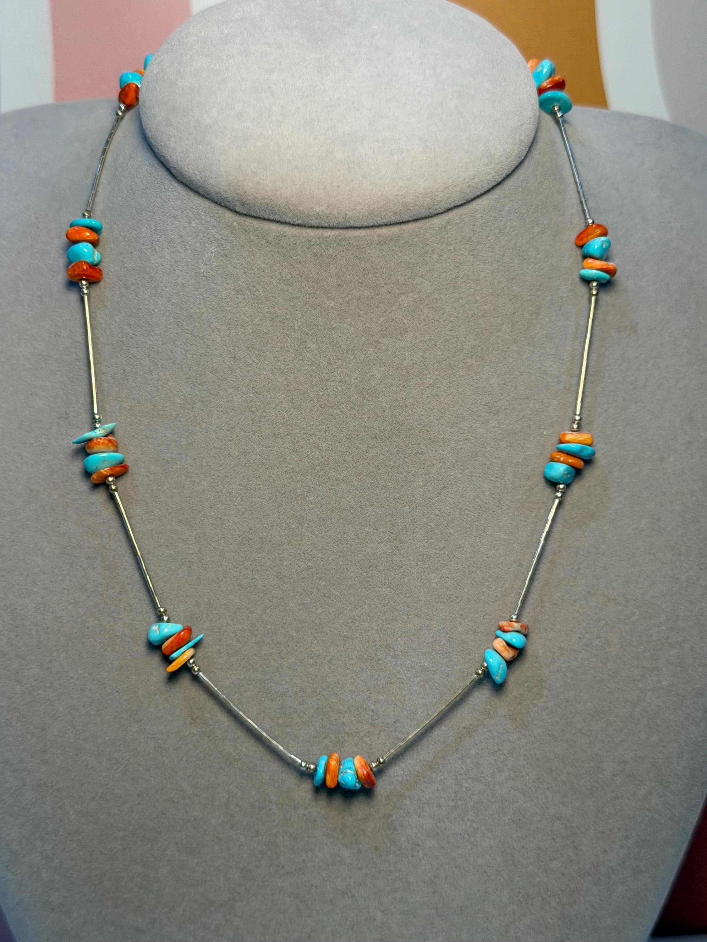 Liquid Silver Necklace Orange Spiny Oyster Turquoise Chips 925 Sterling Southwest (17.5 Inch) 6