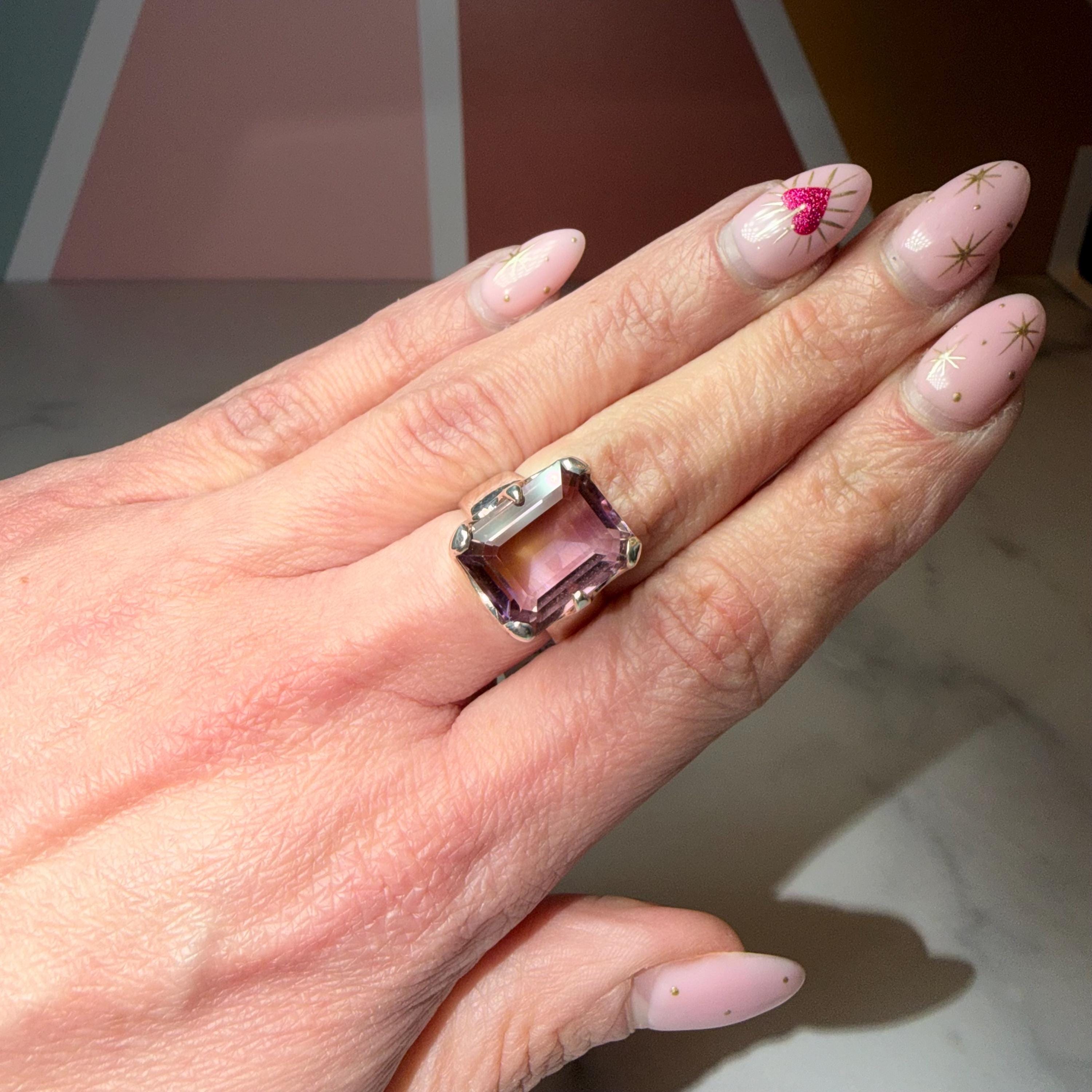 Large Faceted Ametrine Ring, Sterling Silver Statement Ring, Bi-Color Gemstone Jewelry 2