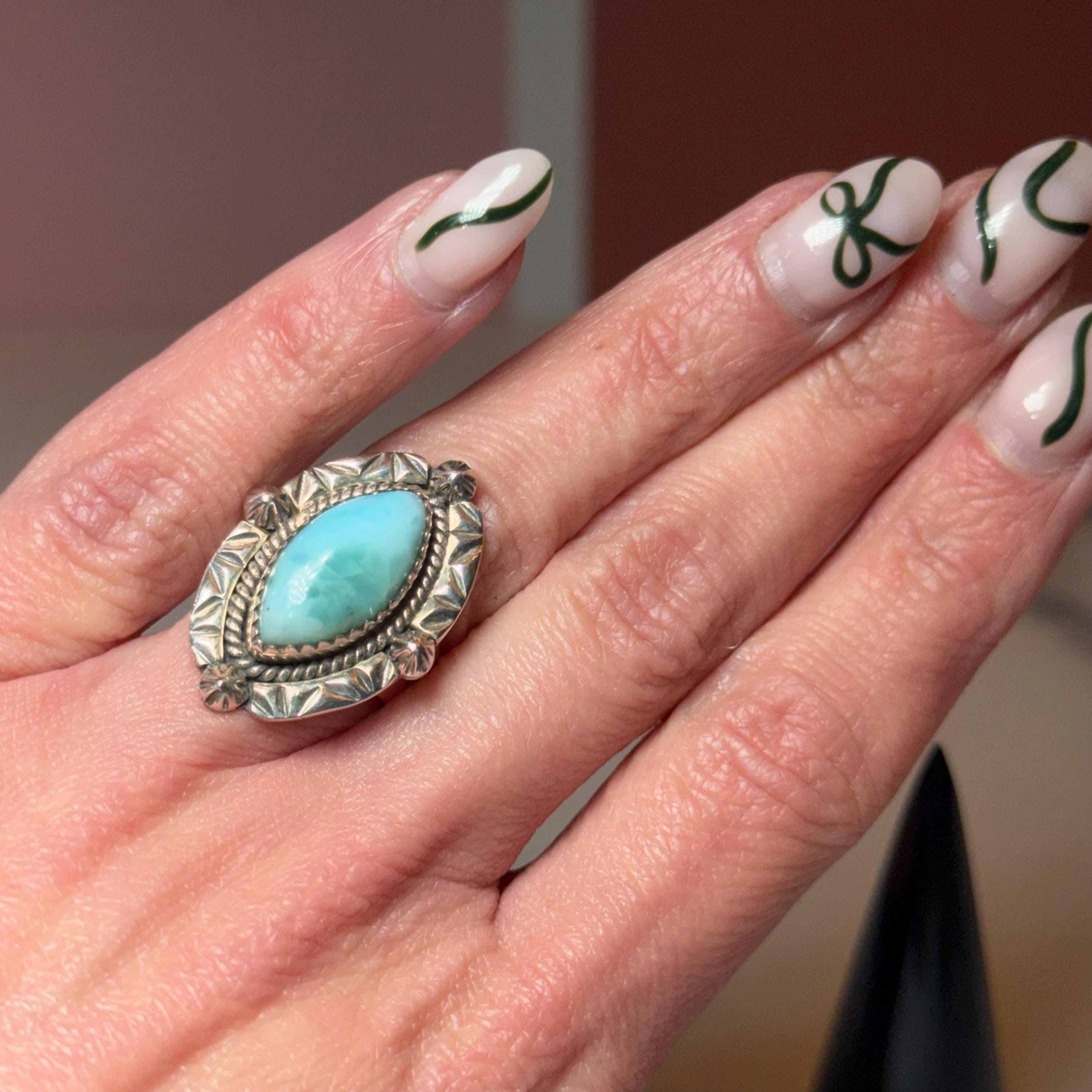 Marquise Larimar Ring, Sterling Silver 925, Natural Caribbean Gemstone, Statement Jewelry (size 6) 4