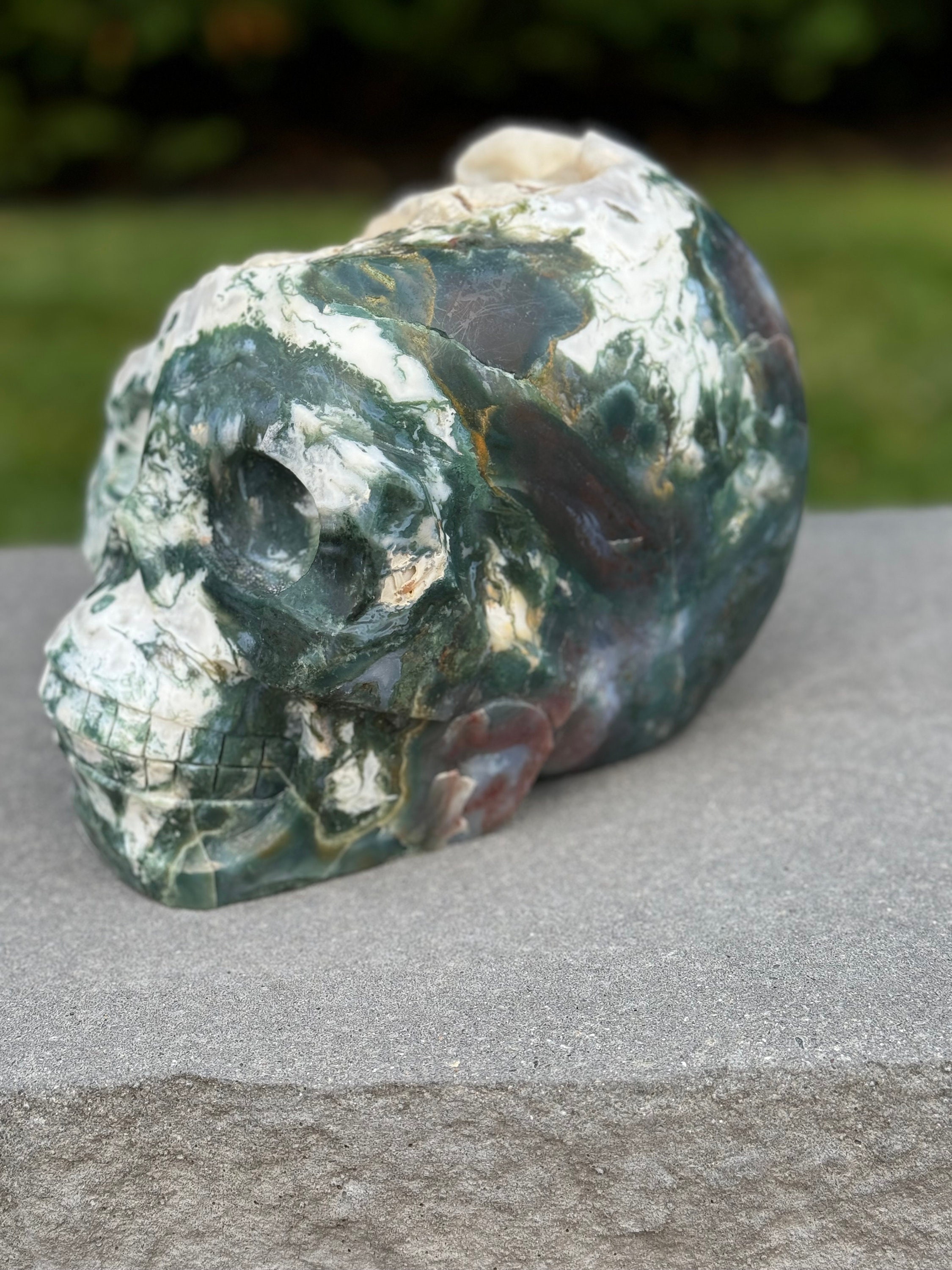 Moss Agate Skull Carving • Sugar Druzy Crystal Art, Spiritual Decor 8