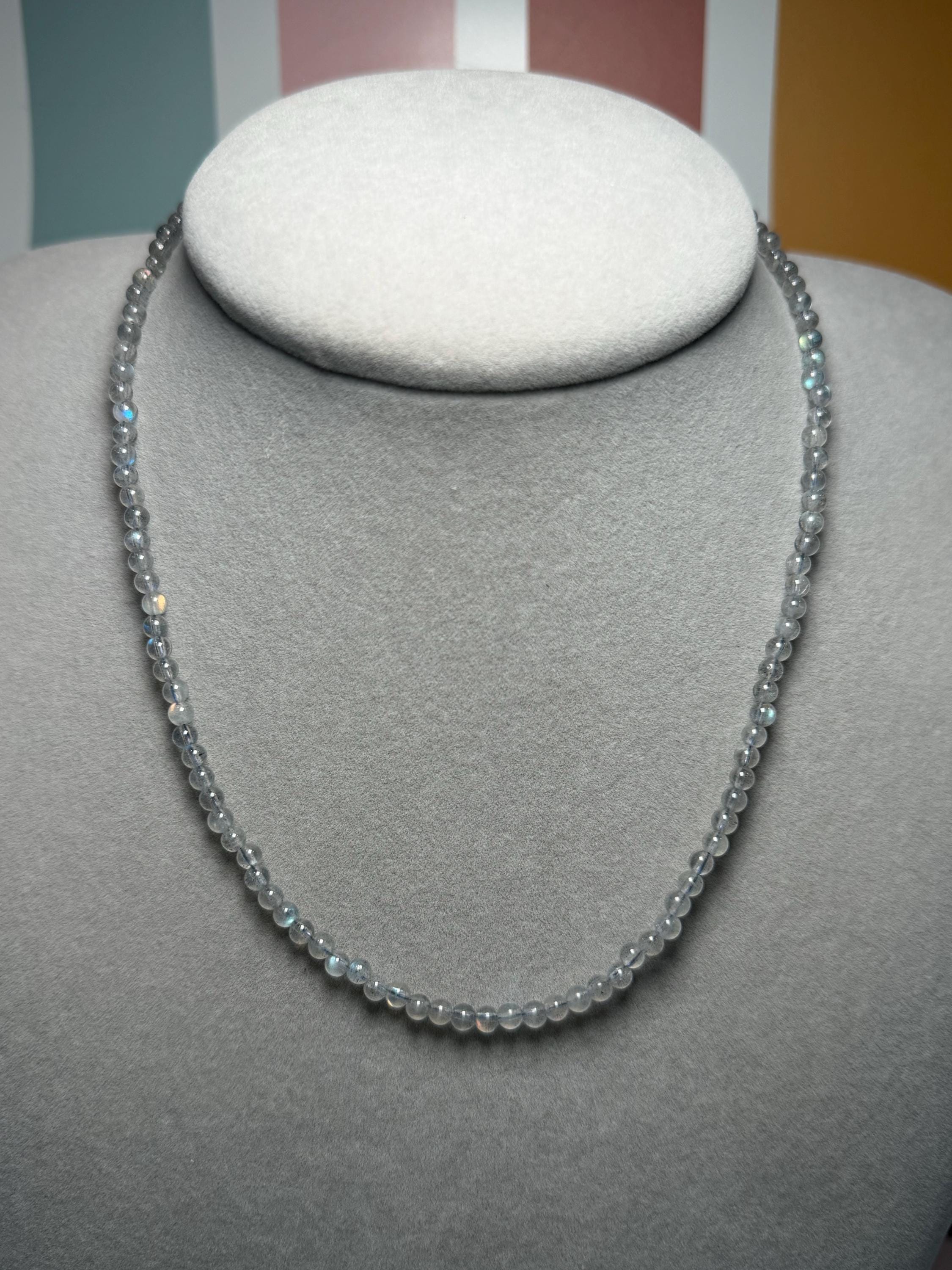Dainty Beaded Labradorite Necklace, 925 Sterling Silver, Blue Gray Flash, Adjustable Chain 2