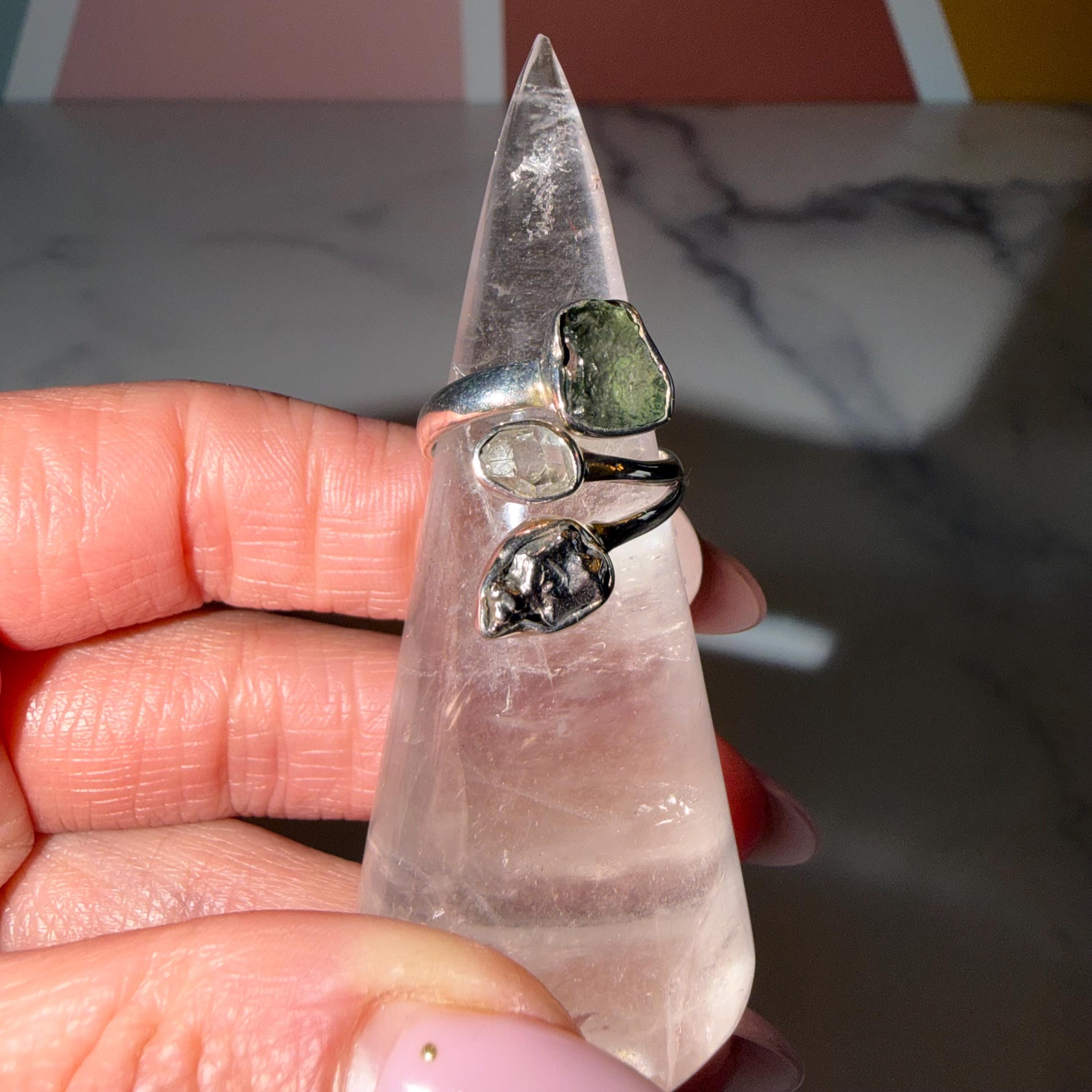 Raw Moldavite, Pakimer Diamond, Meteorite Sterling Silver Ring, Celestial Statement Jewelry (size 6) 3