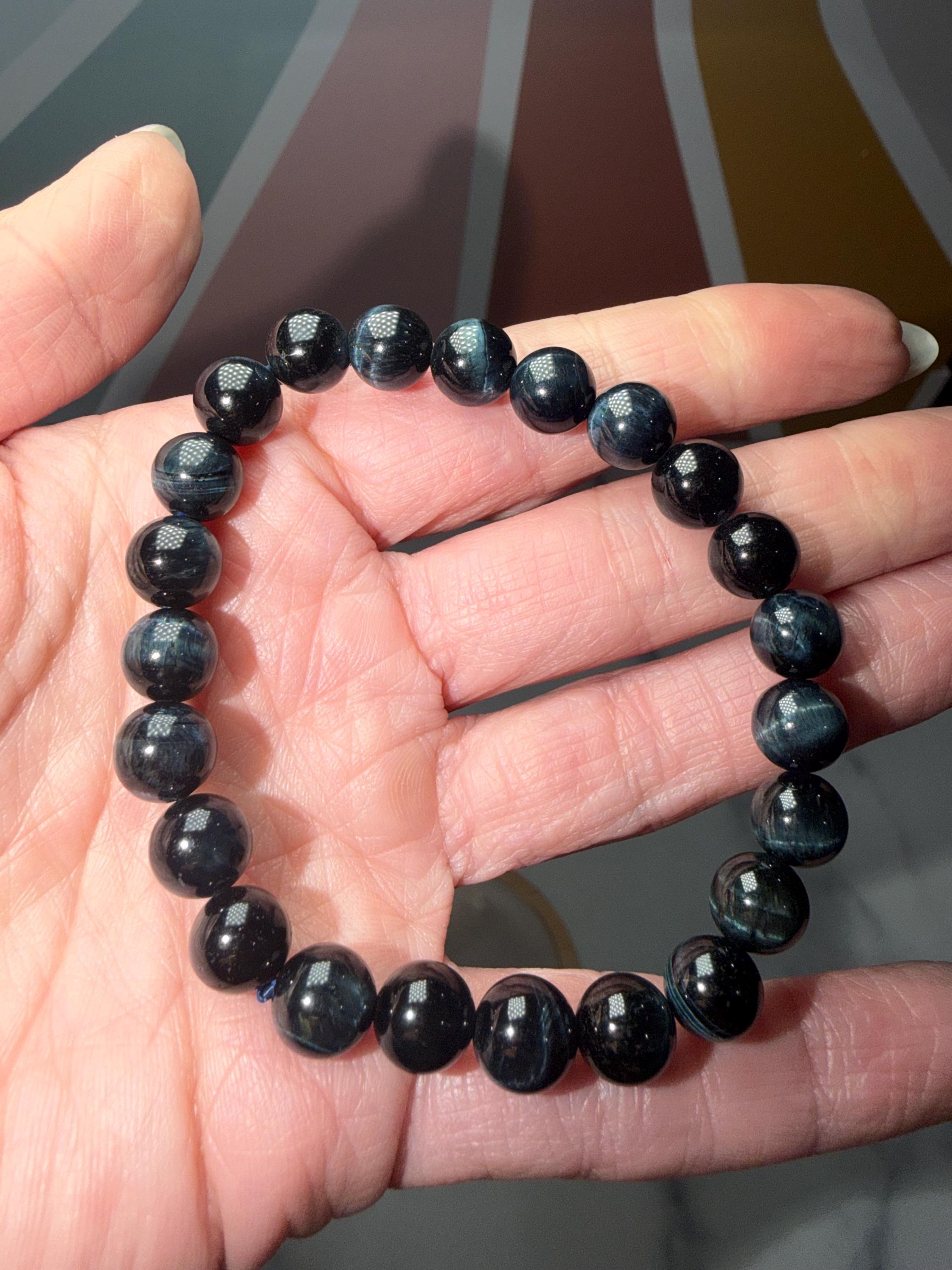 Blue Tiger’s Eye Crystal Stretch Beaded Bracelet, Protective Grounding Gemstone Jewelry (8.6mm) 17