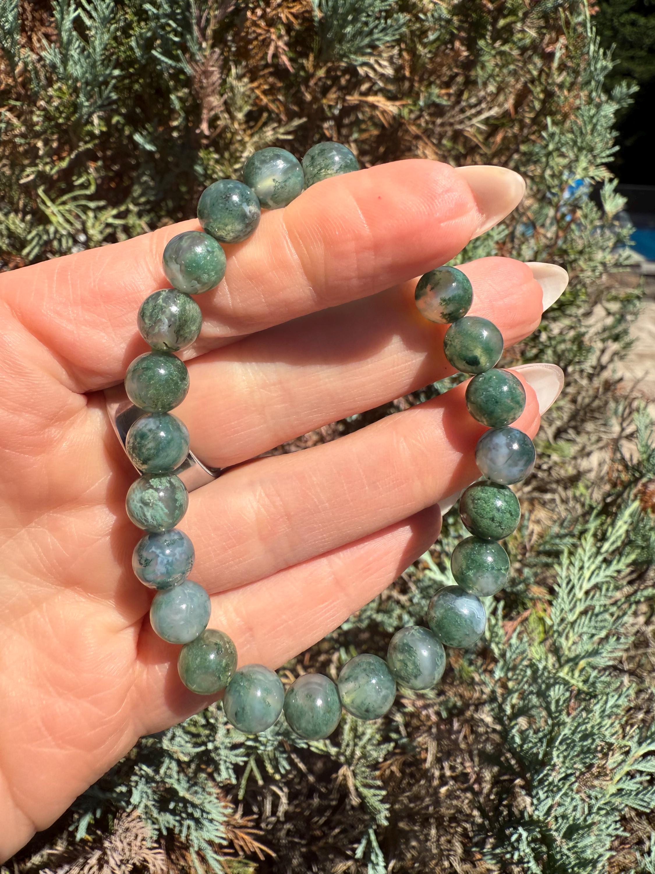Moss Agate Stretch Beaded Bracelet, Grounding Crystal Healing Jewelry (9mm) 4