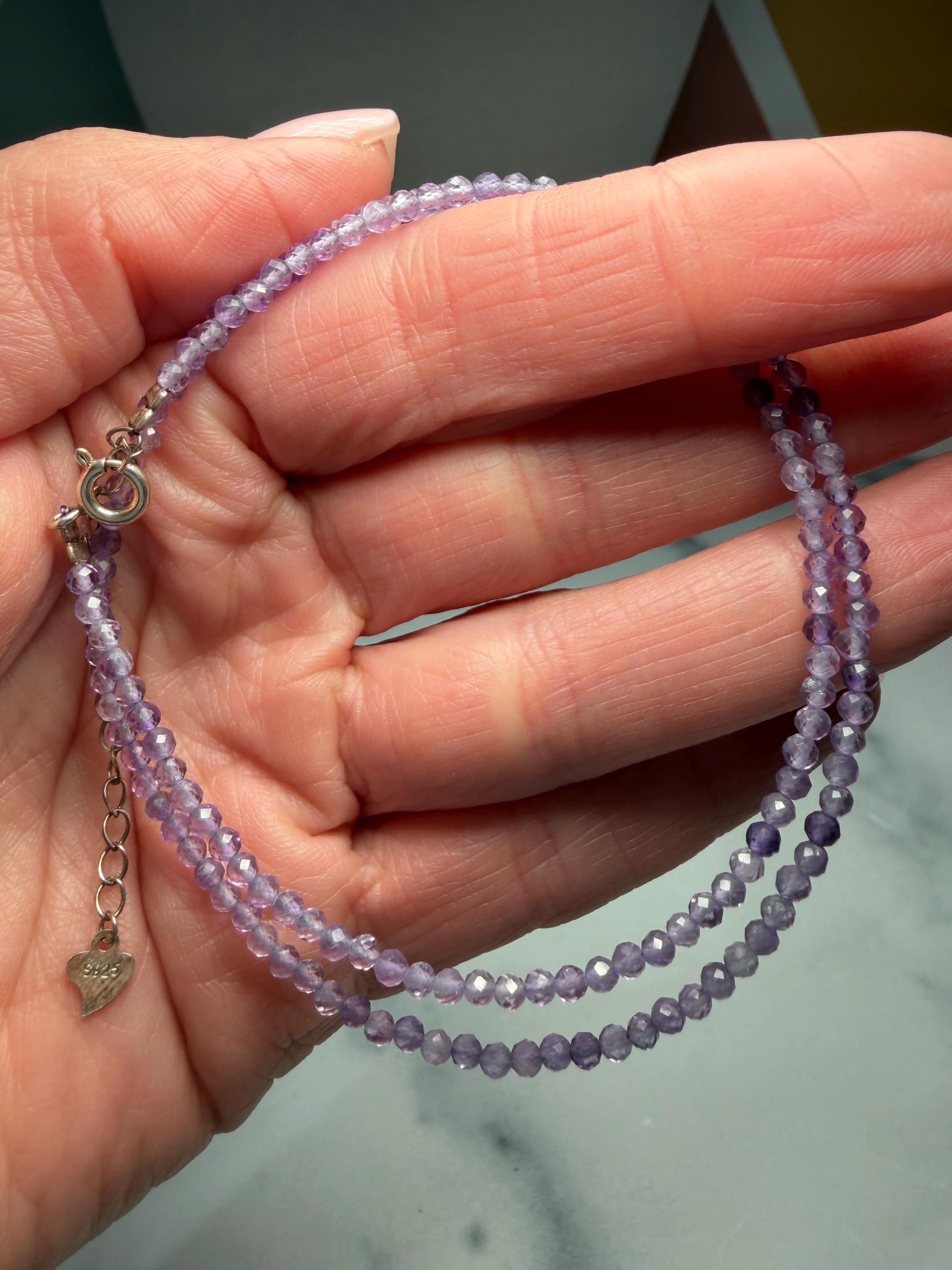 Faceted Amethyst Beaded Necklace, 925 Sterling Silver, Dainty Purple Gemstone, Adjustable Chain 3