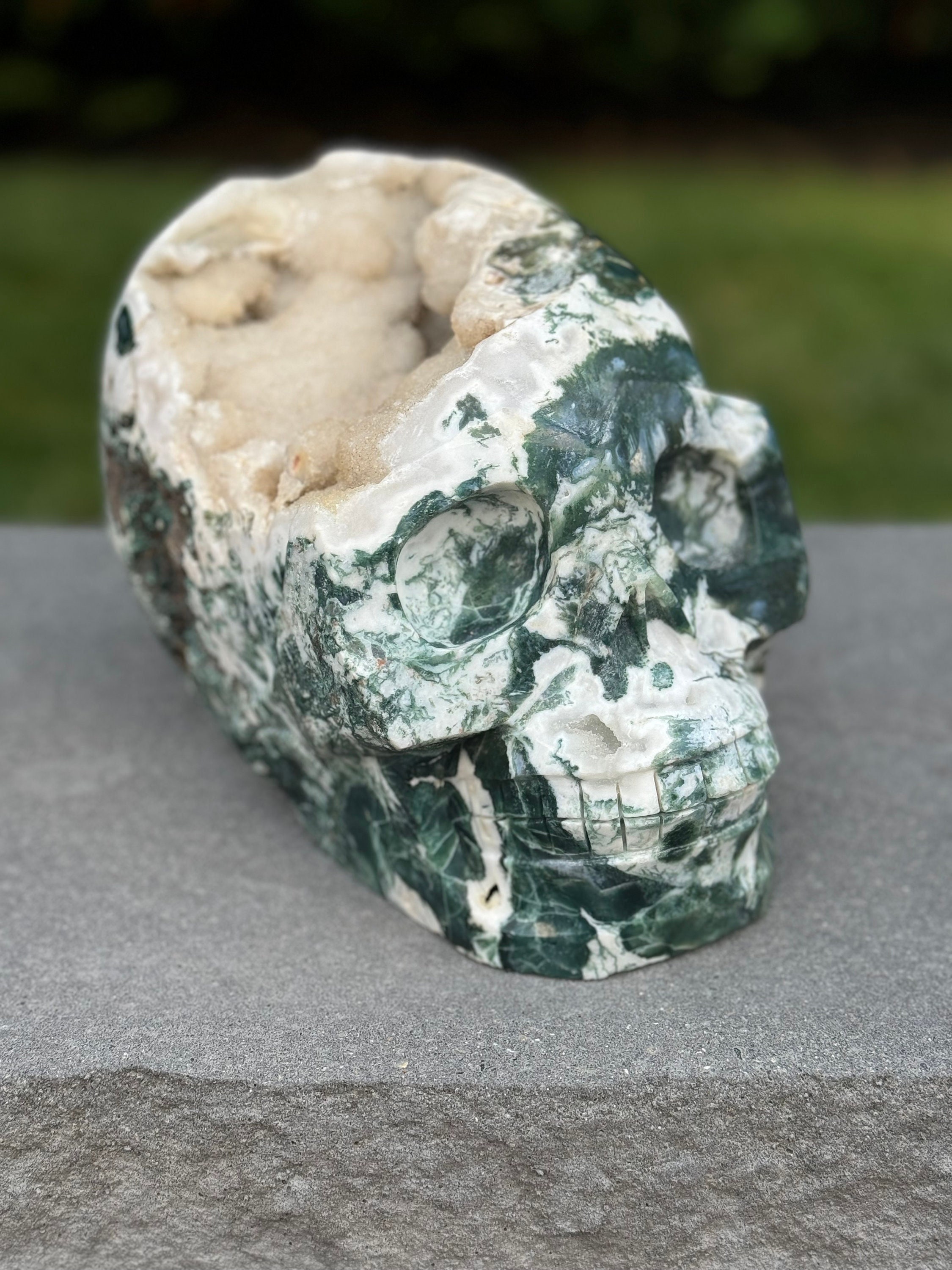 Moss Agate Skull Carving • Sugar Druzy Crystal Art, Spiritual Decor 2