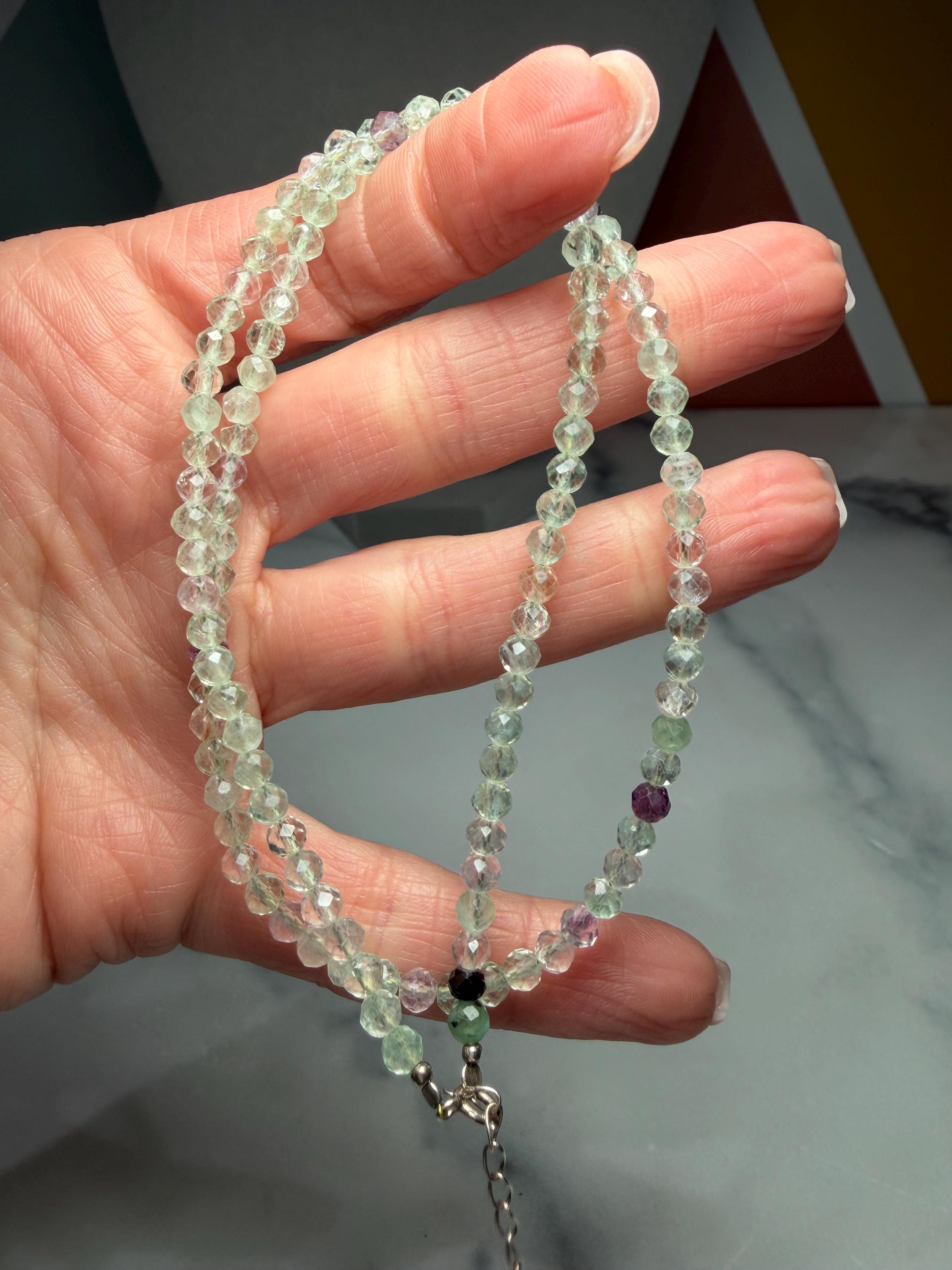 Faceted Fluorite Beaded Necklace, Sterling Silver Chain, Multicolor Gemstone, Adjustable Length 5