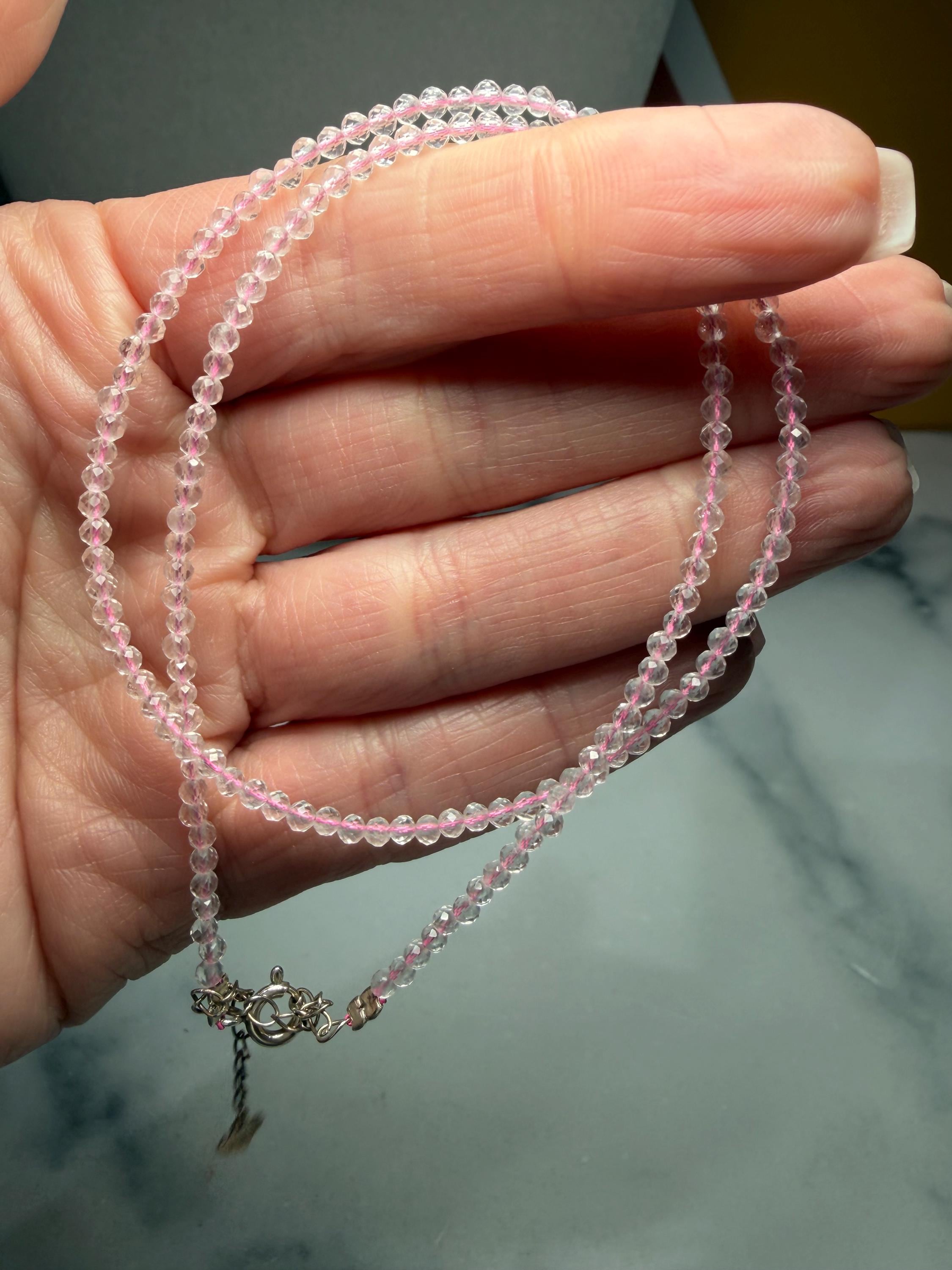 Faceted Rose Quartz Beaded Necklace, Sterling Silver Chain, Dainty Pink Gemstone, Adjustable Length 3
