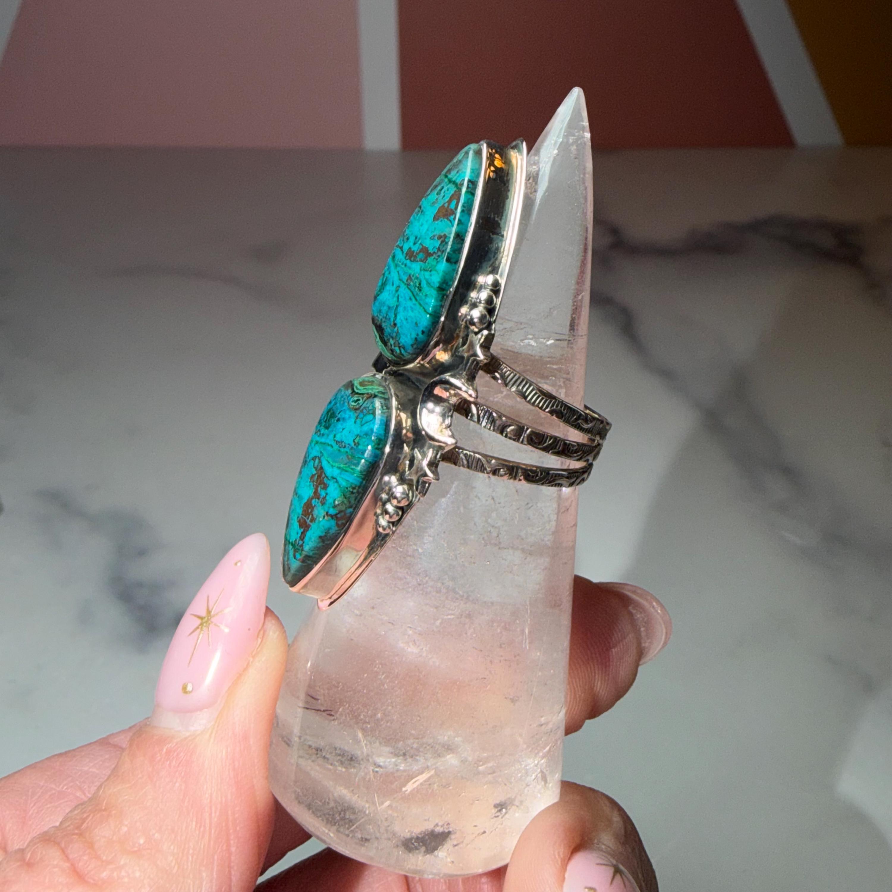XL Chrysocolla Double Stone Ring, 925 Sterling Silver Celestial Triple Band Ring (Size 7) 3