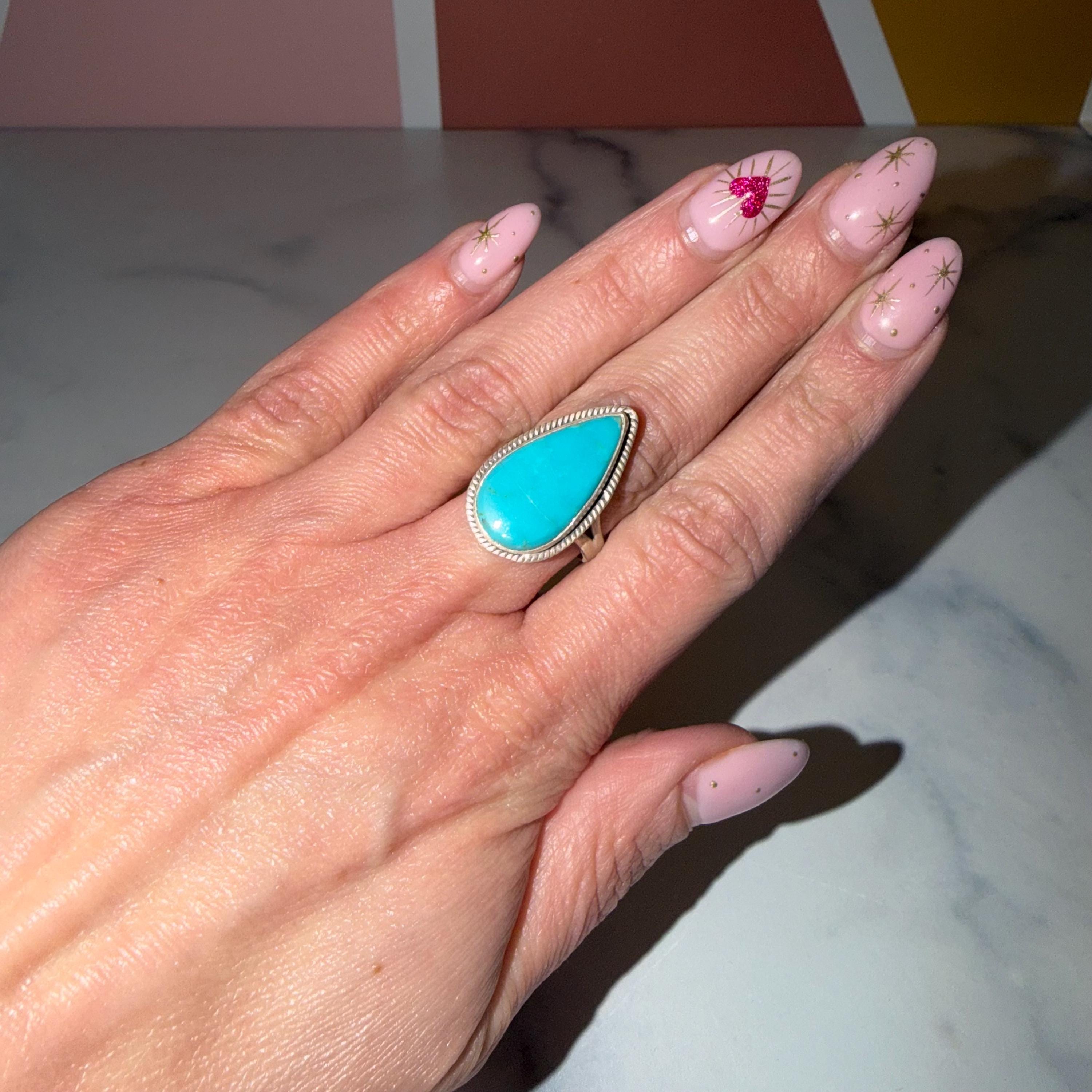 Royston Turquoise Teardrop Ring • Sterling Silver Adjustable Boho Jewelry 3