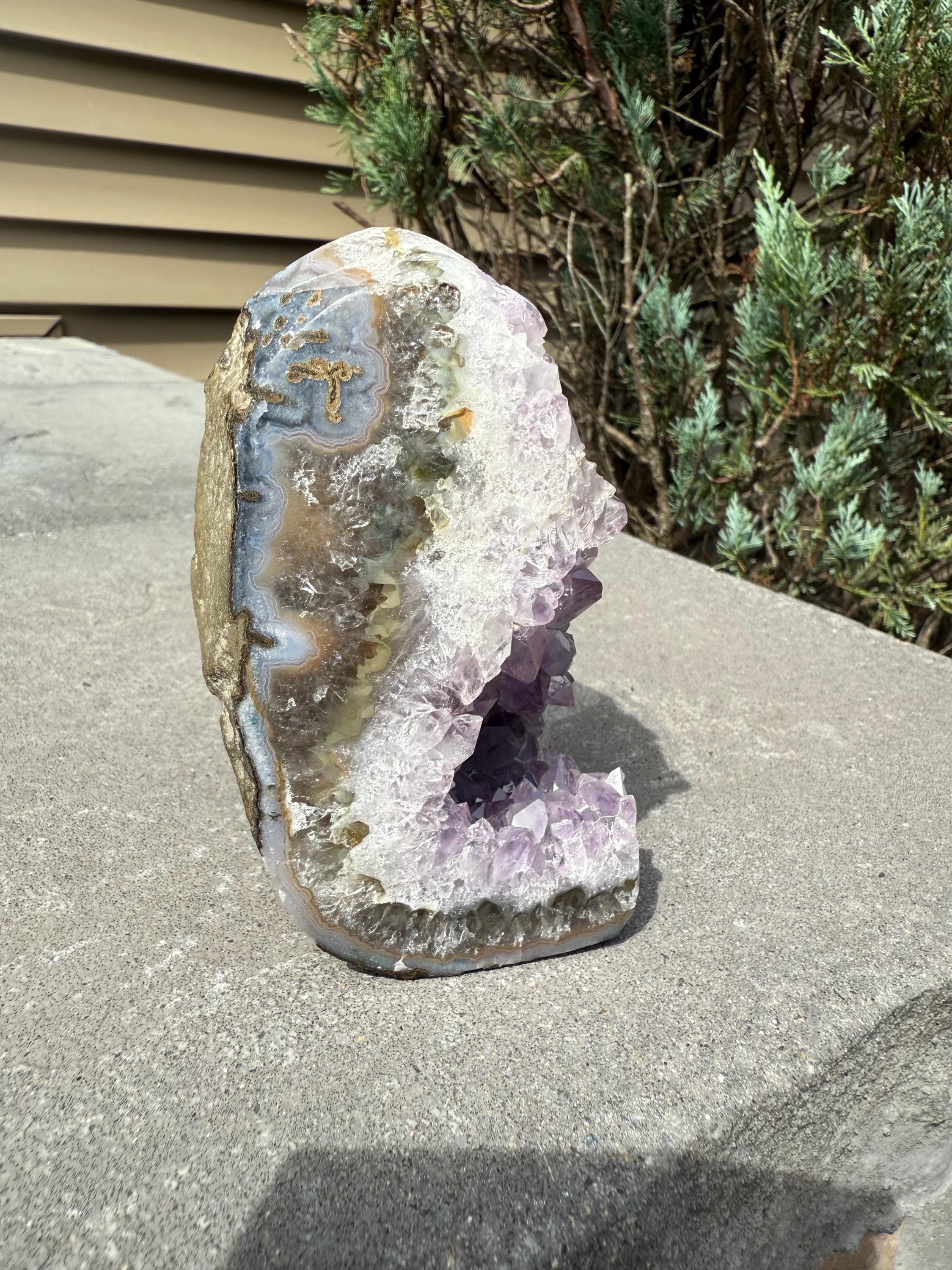 Purple Amethyst & Agate Druzy Cut Base • Banded Crystal Geode • Home Decor • Healing Mineral Specimen 9