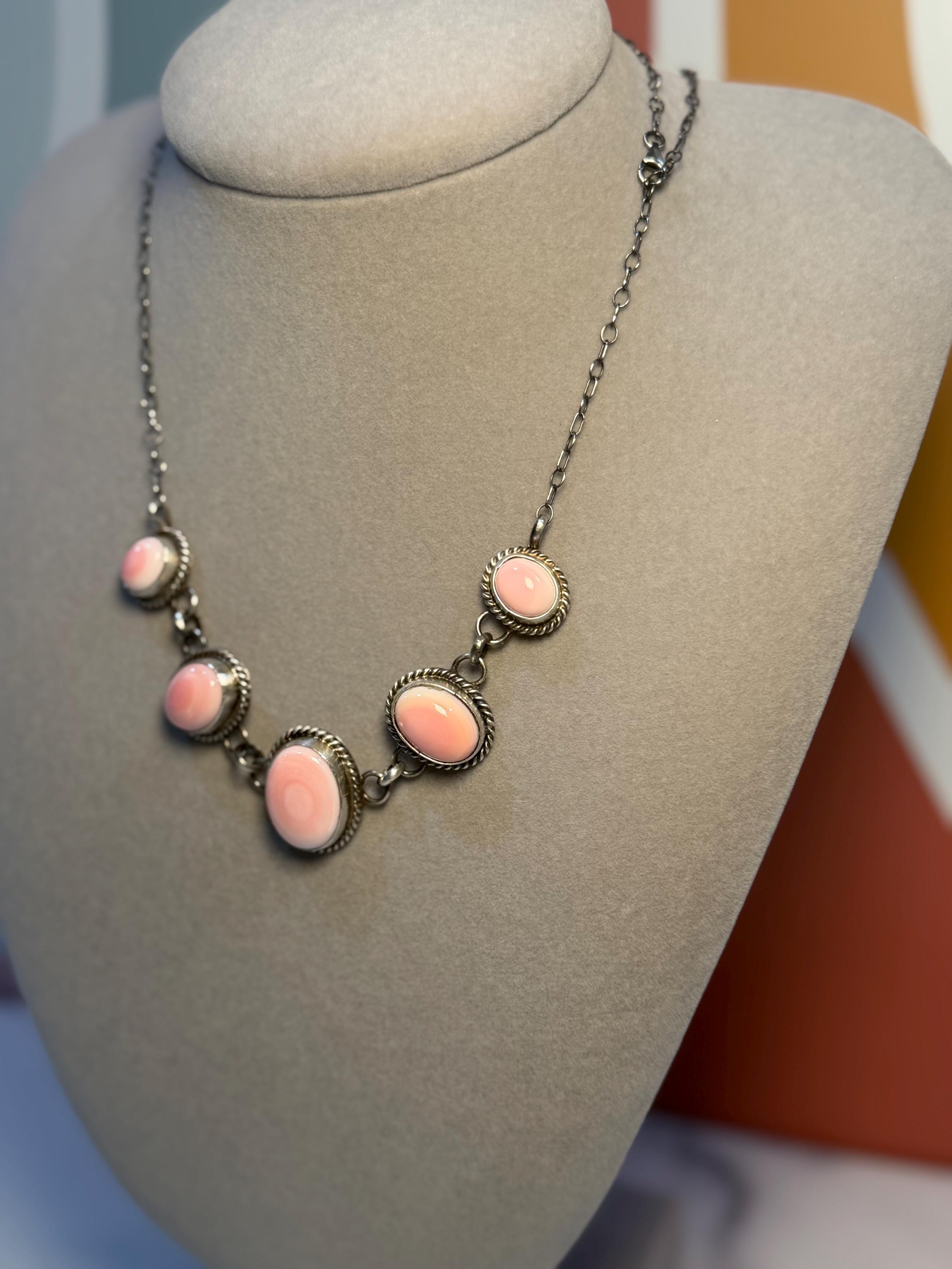 Pink Conch Five Stone Necklace, Sterling Silver, Native Made Stamped B. Lee 3