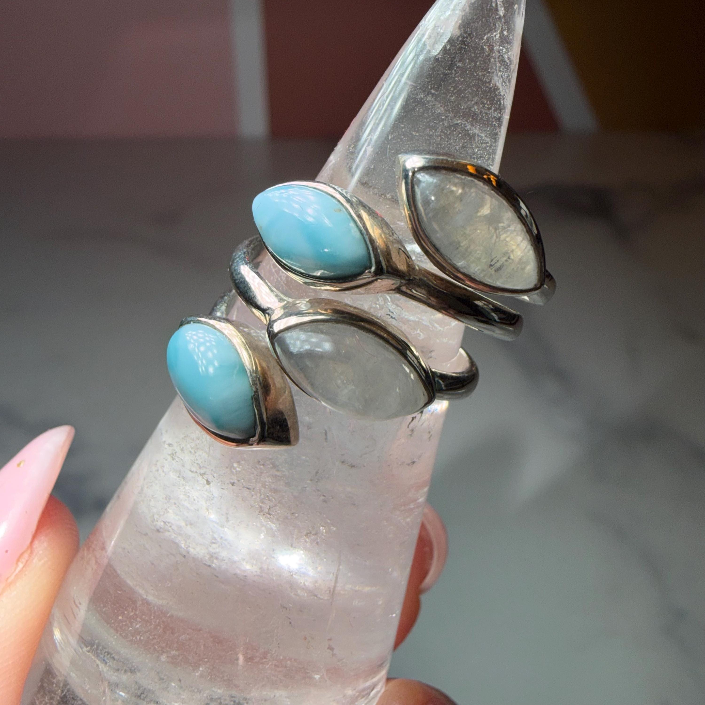 Larimar Moonstone Sterling Silver Statement Ring Size 7, Ocean Celestial Jewelry 2