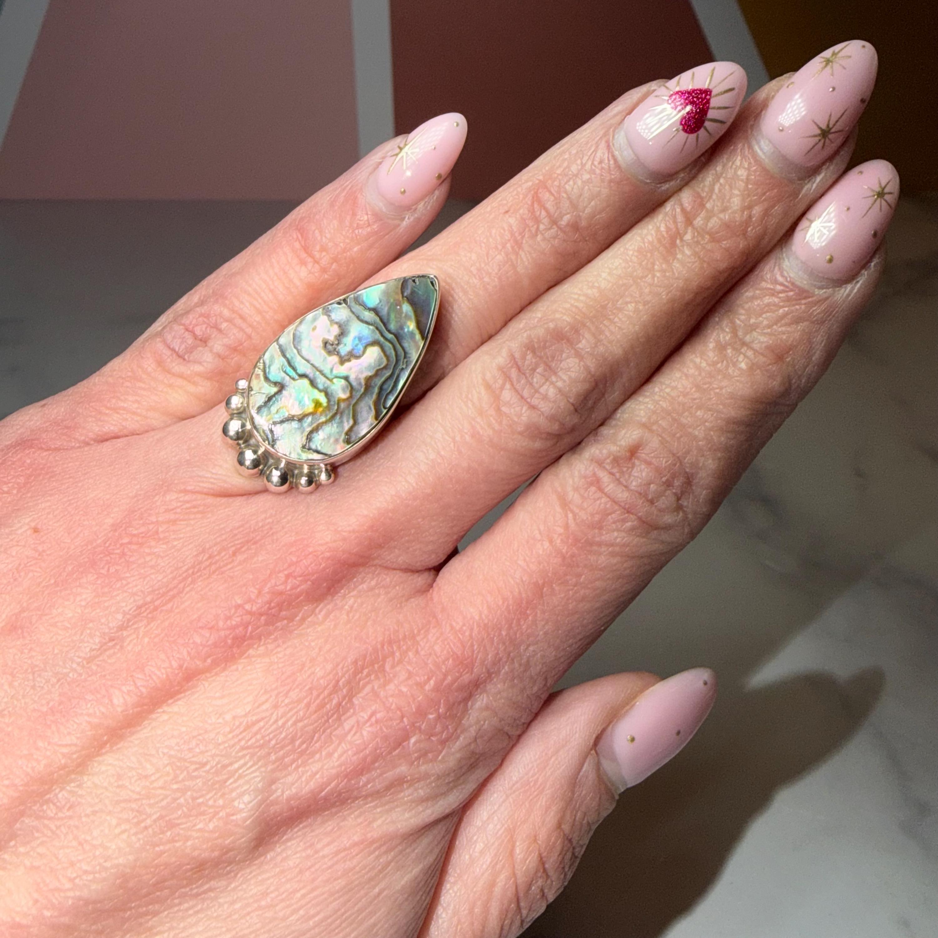 Abalone Shell Tear Drop Ring, Sterling Silver Statement Jewelry, Size 6 2