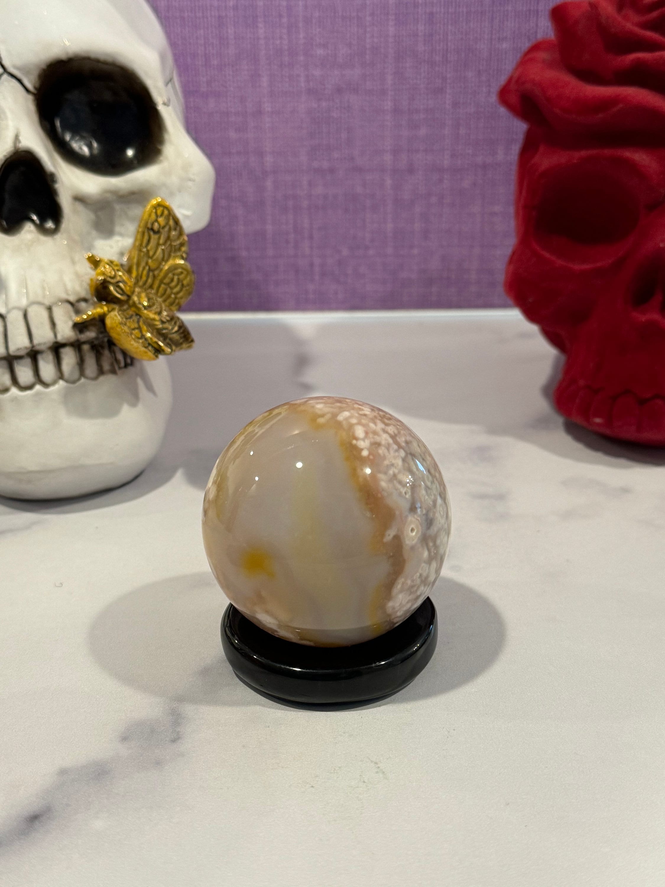 Flower Agate Sphere • 59mm • Plume Pattern Crystal • Polished Gemstone Ball • Healing Stone • Spiritual Decor