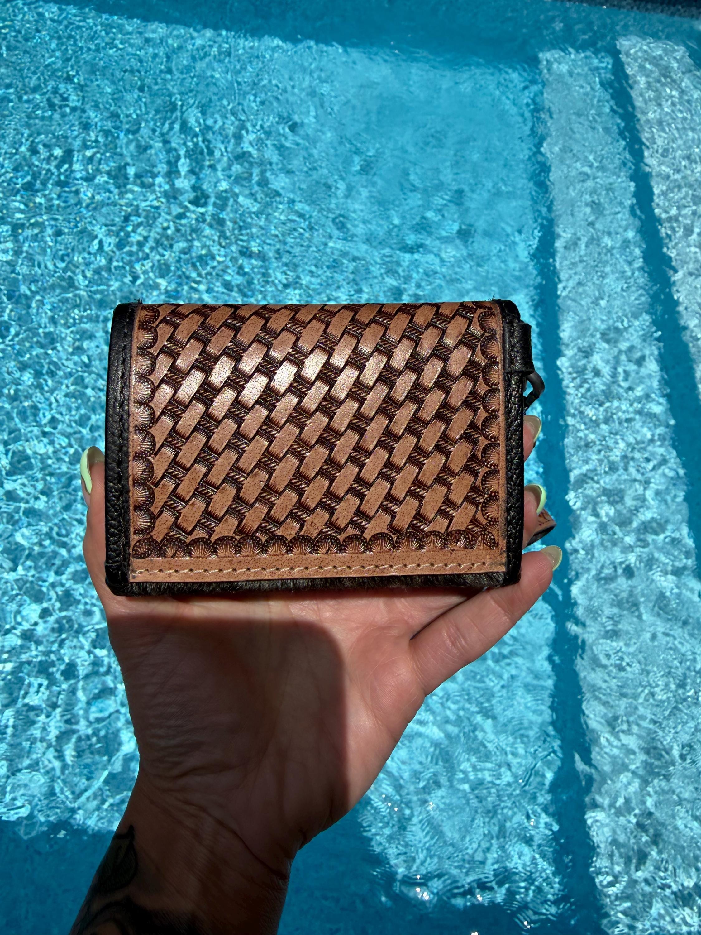 Hand-Tooled Brown Leather Hide Accordion Card Case | Snap Closure Wallet with Wrist Strap 7