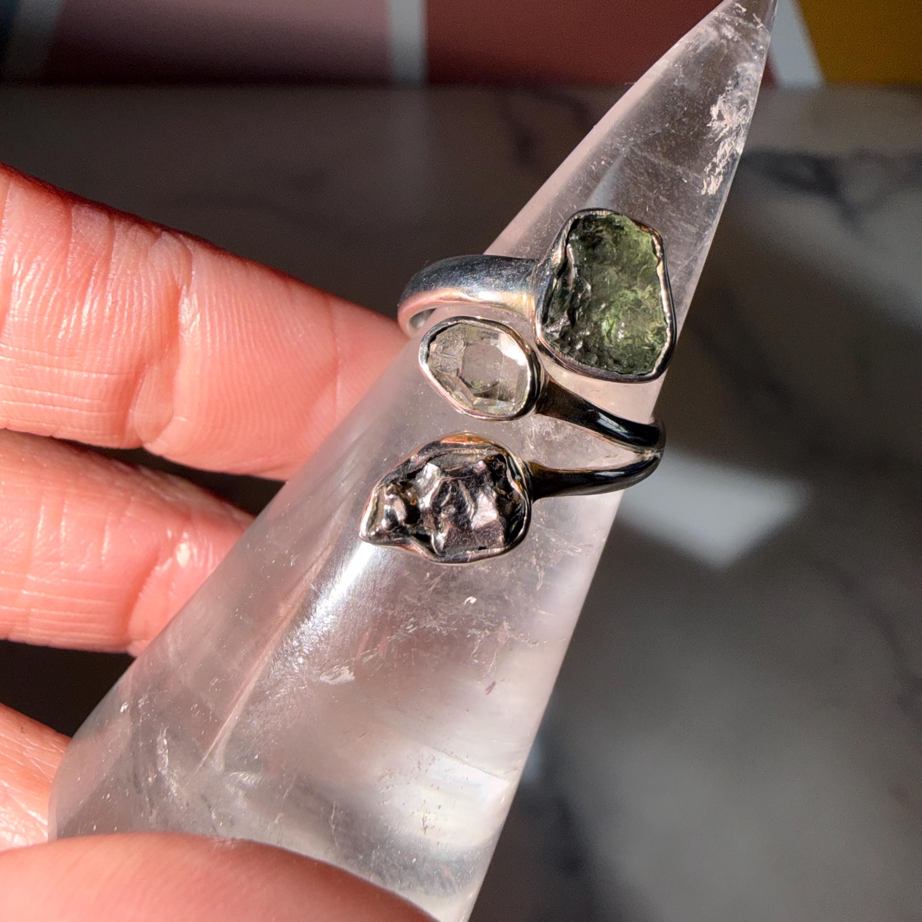 Raw Moldavite, Pakimer Diamond, Meteorite Sterling Silver Ring, Celestial Statement Jewelry (size 6)