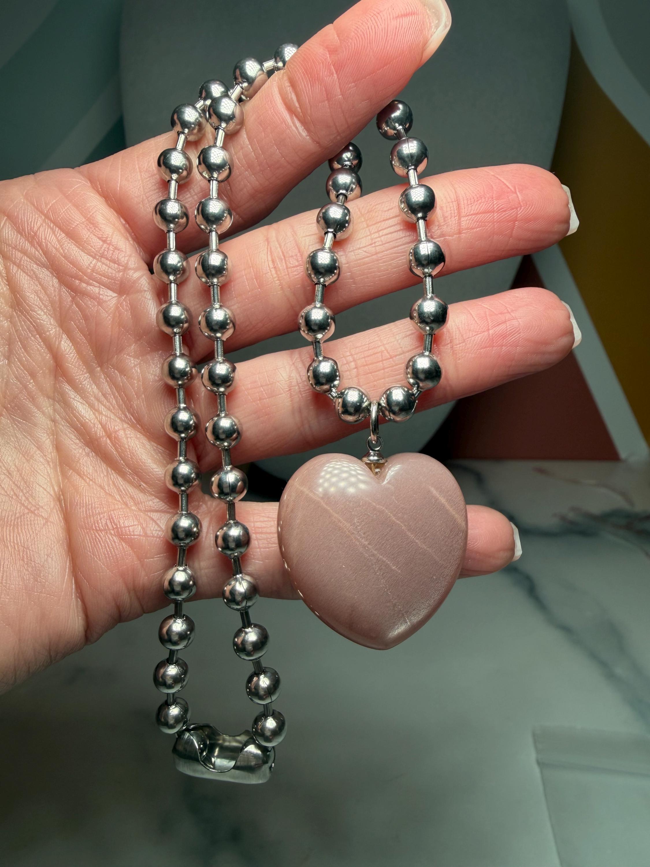 Sunstone Heart Necklace, Sterling Silver Ball Chain, Minimal Gemstone Jewelry 5