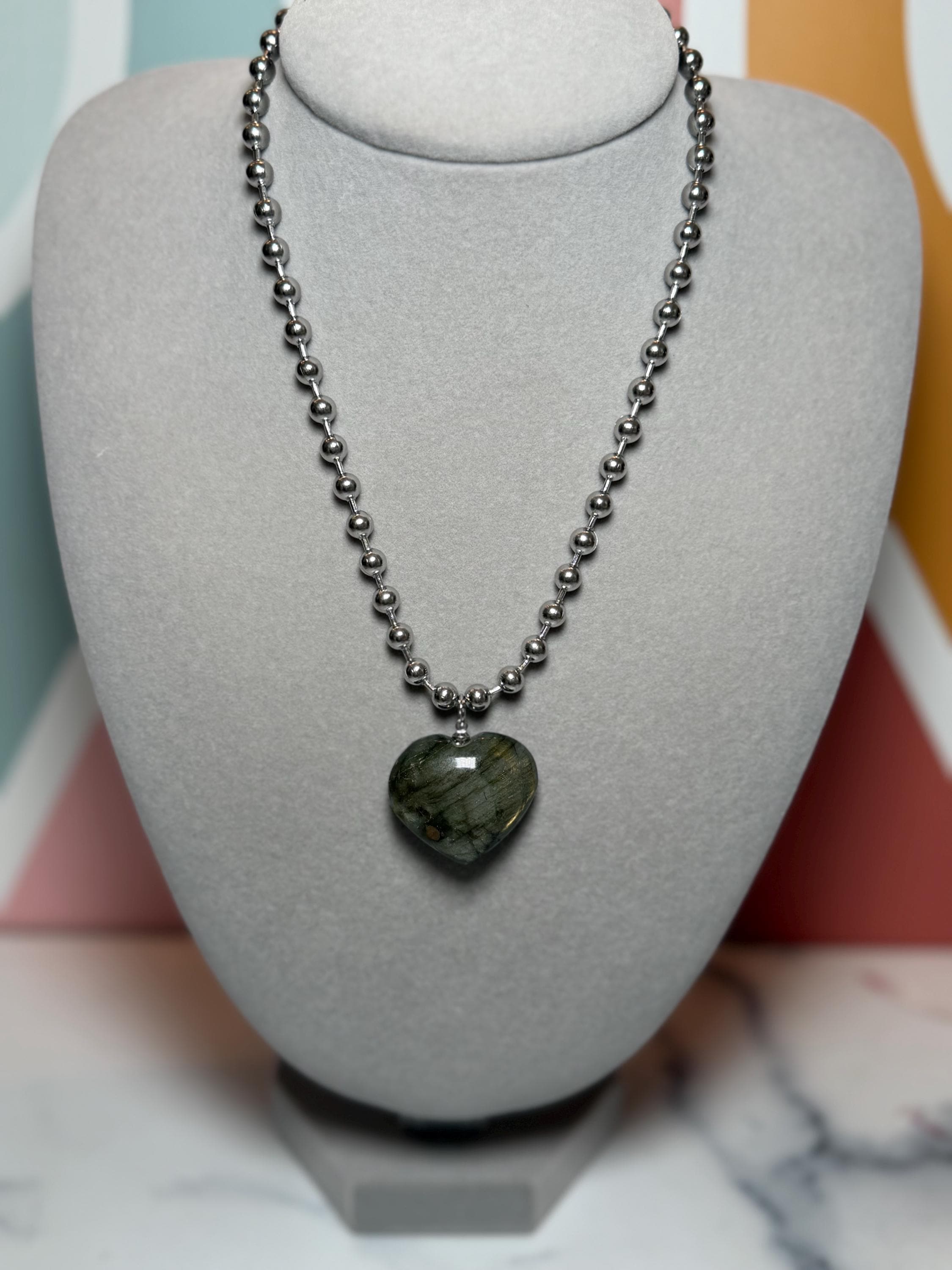 Labradorite Heart Pendant Necklace, Sterling Silver Ball Chain, 17 Inch Gemstone Jewelry 2