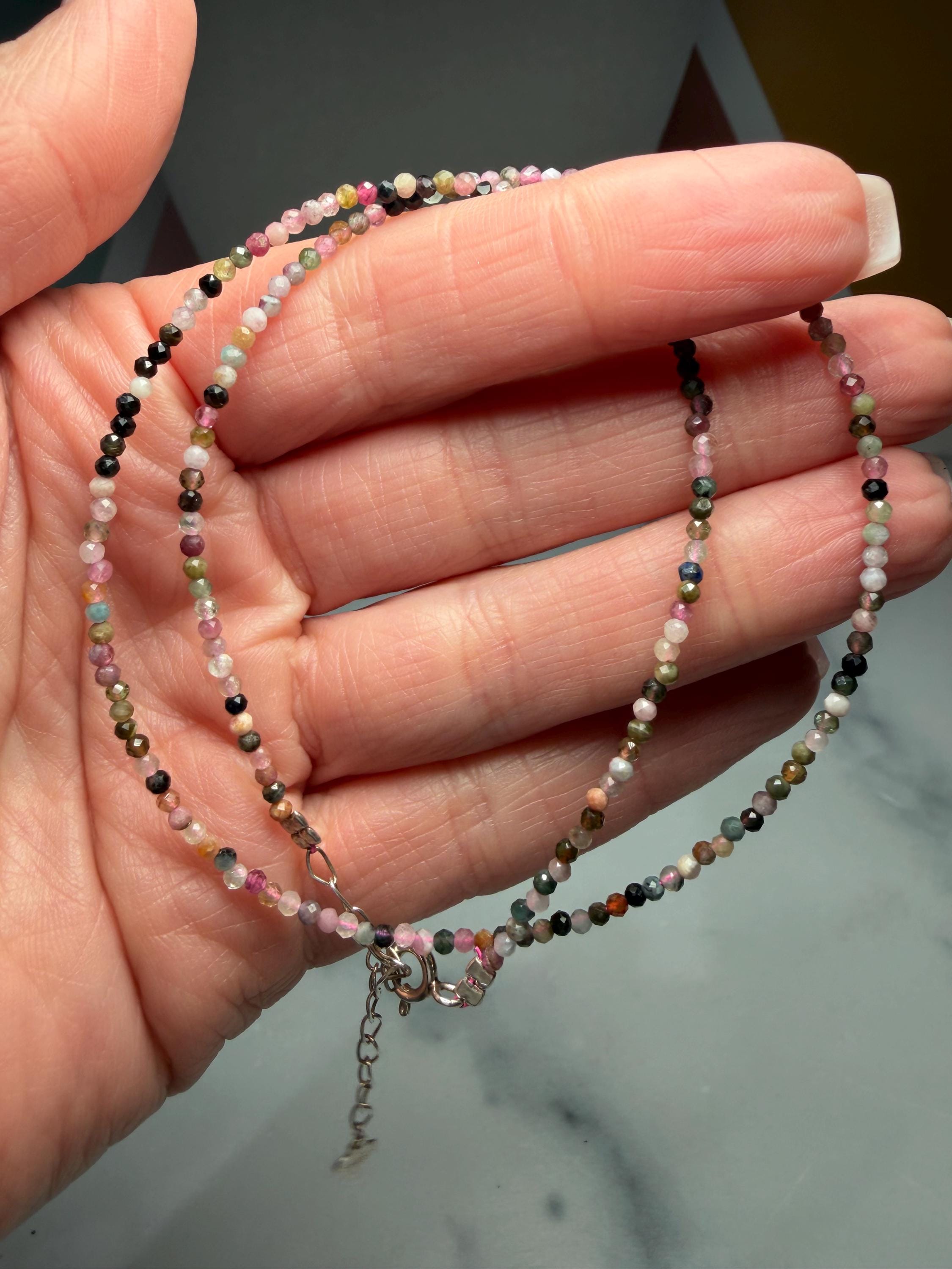 Faceted Mixed Tourmaline Beaded Necklace, Faceted Gemstone, Sterling Silver Chain 2