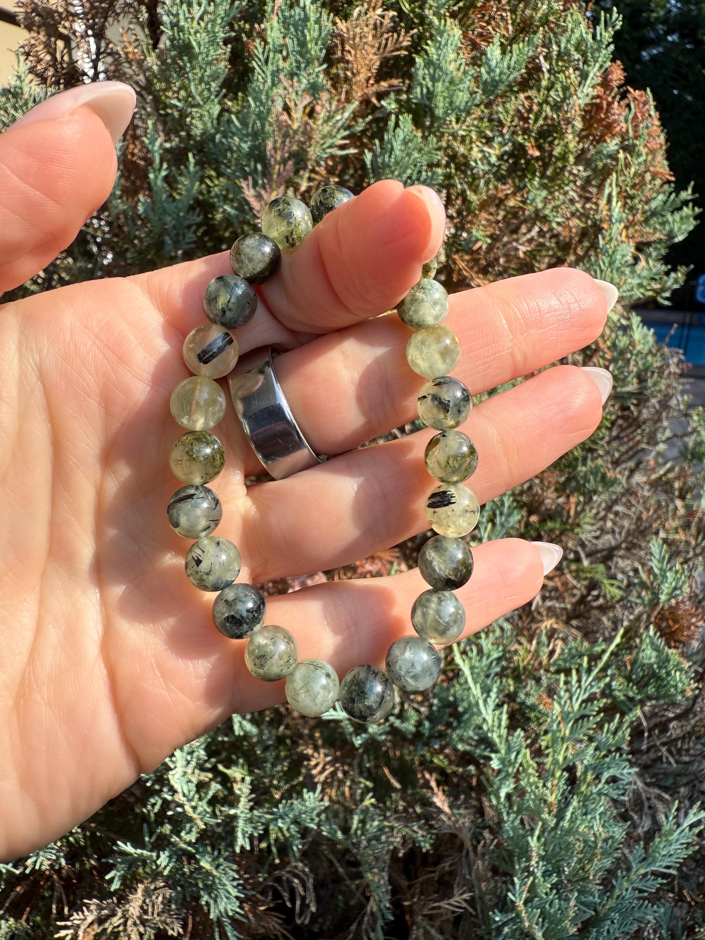 Prehnite & Epidote Crystal Beaded Stretch Bracelet: Natural Gemstone, Heart Chakra 6