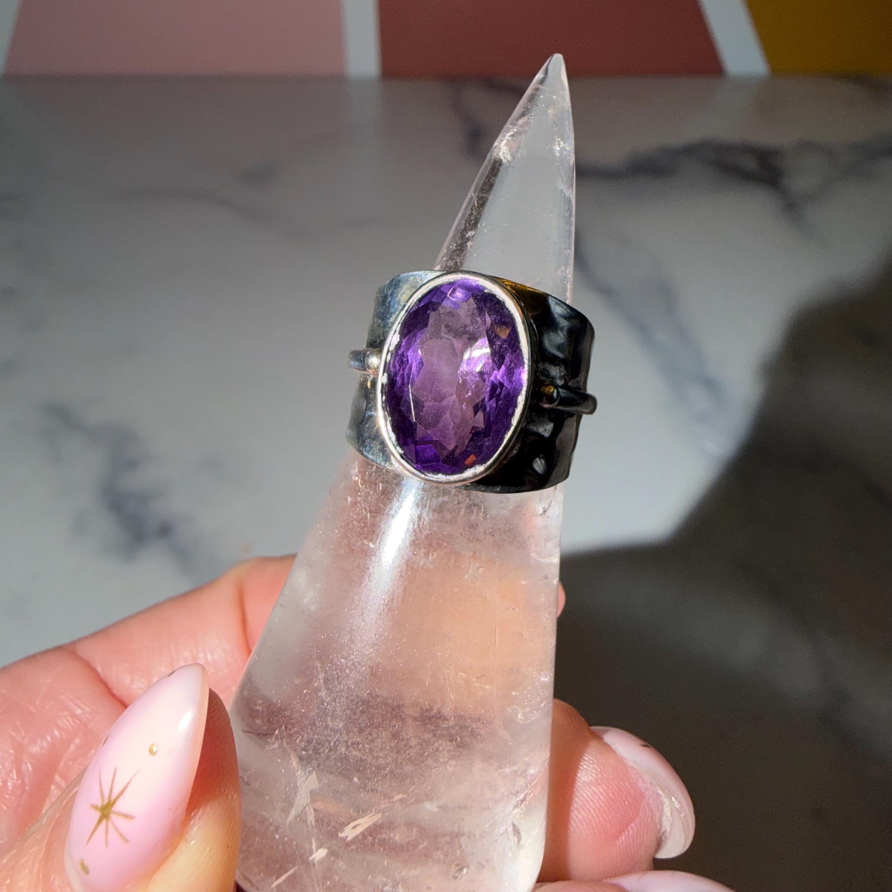 Faceted Amethyst Cigar Band Ring • 925 Sterling Silver • Size 7 • Purple Gemstone Statement Ring • Boho Jewelry