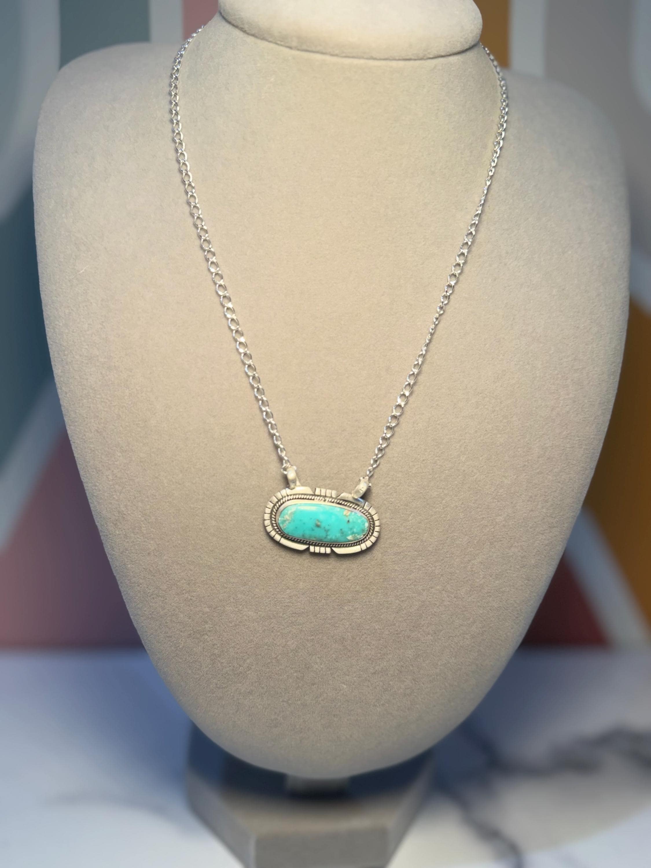 Sterling Silver Turquoise Bar Necklace, Southwest Style, 17.5 Inch Adjustable Chain