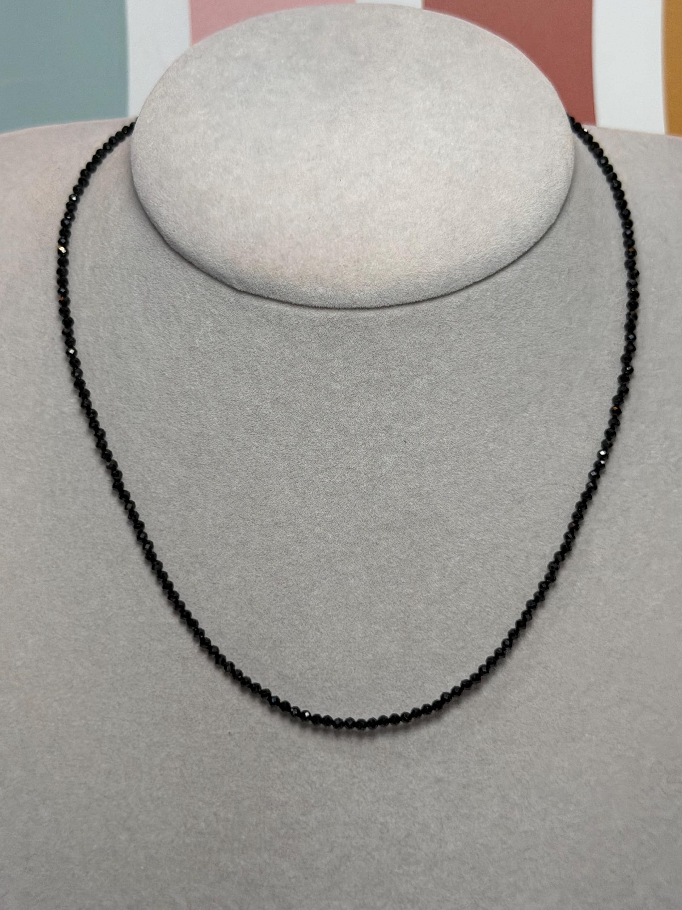 Faceted Black Spinel Beaded Necklace Sterling Silver Dainty Gemstone Chain (16 Inch + 1.5 Inch Extender)