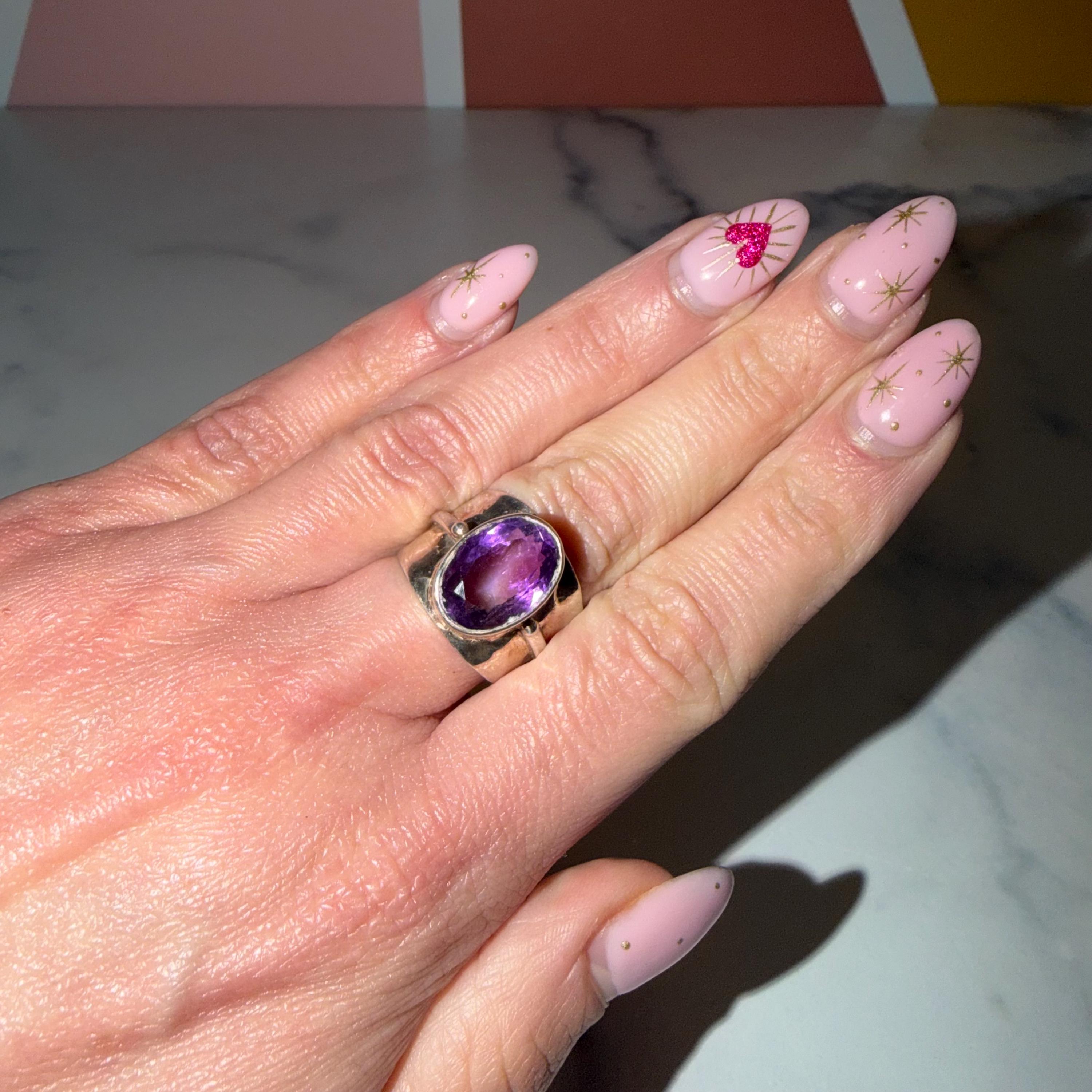 Faceted Amethyst Cigar Band Ring • 925 Sterling Silver • Size 7 • Purple Gemstone Statement Ring • Boho Jewelry 3
