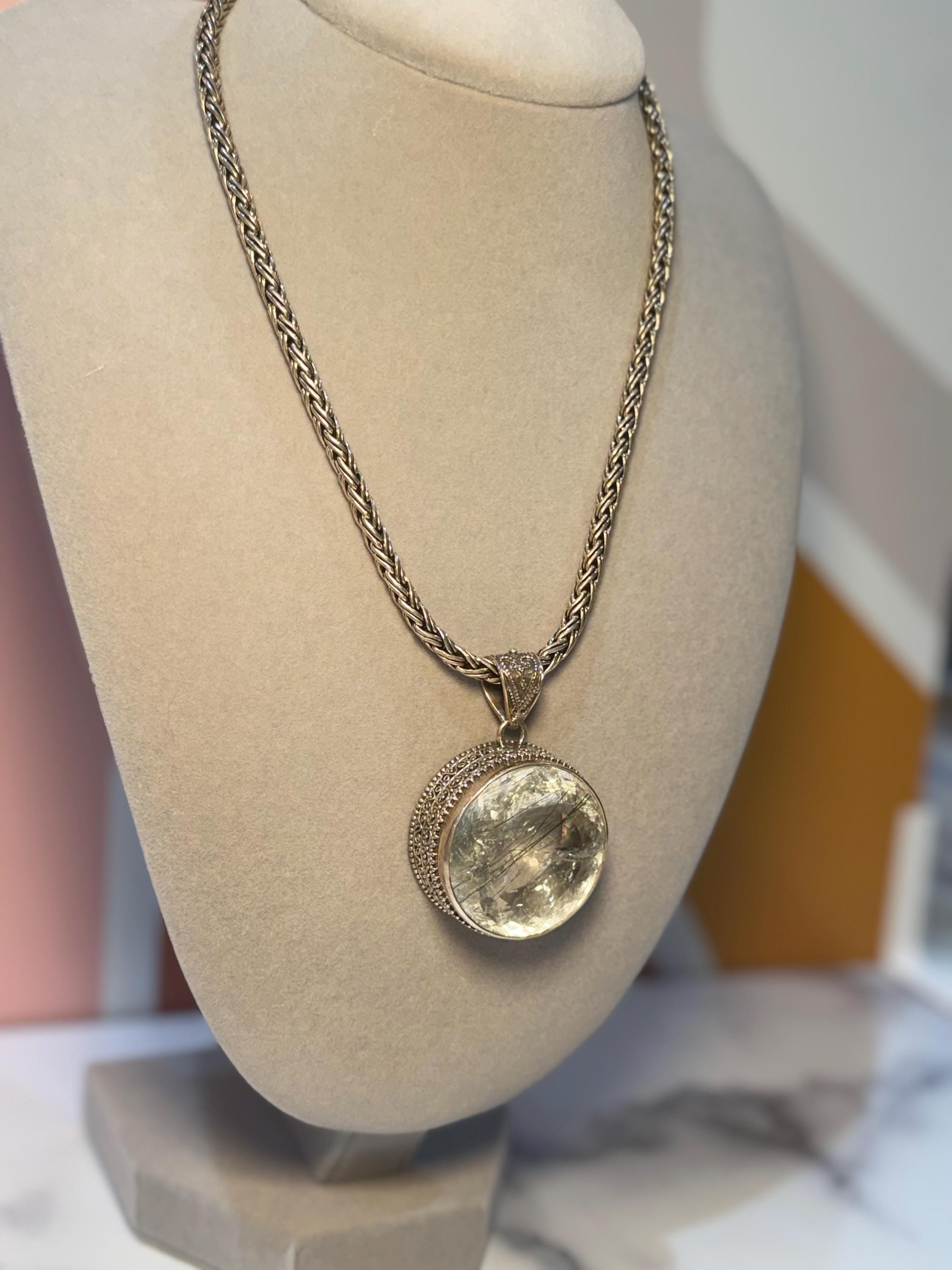 Faceted Rutilated Quartz Pendant, Black Rutile Sterling Silver Ornate Necklace 8