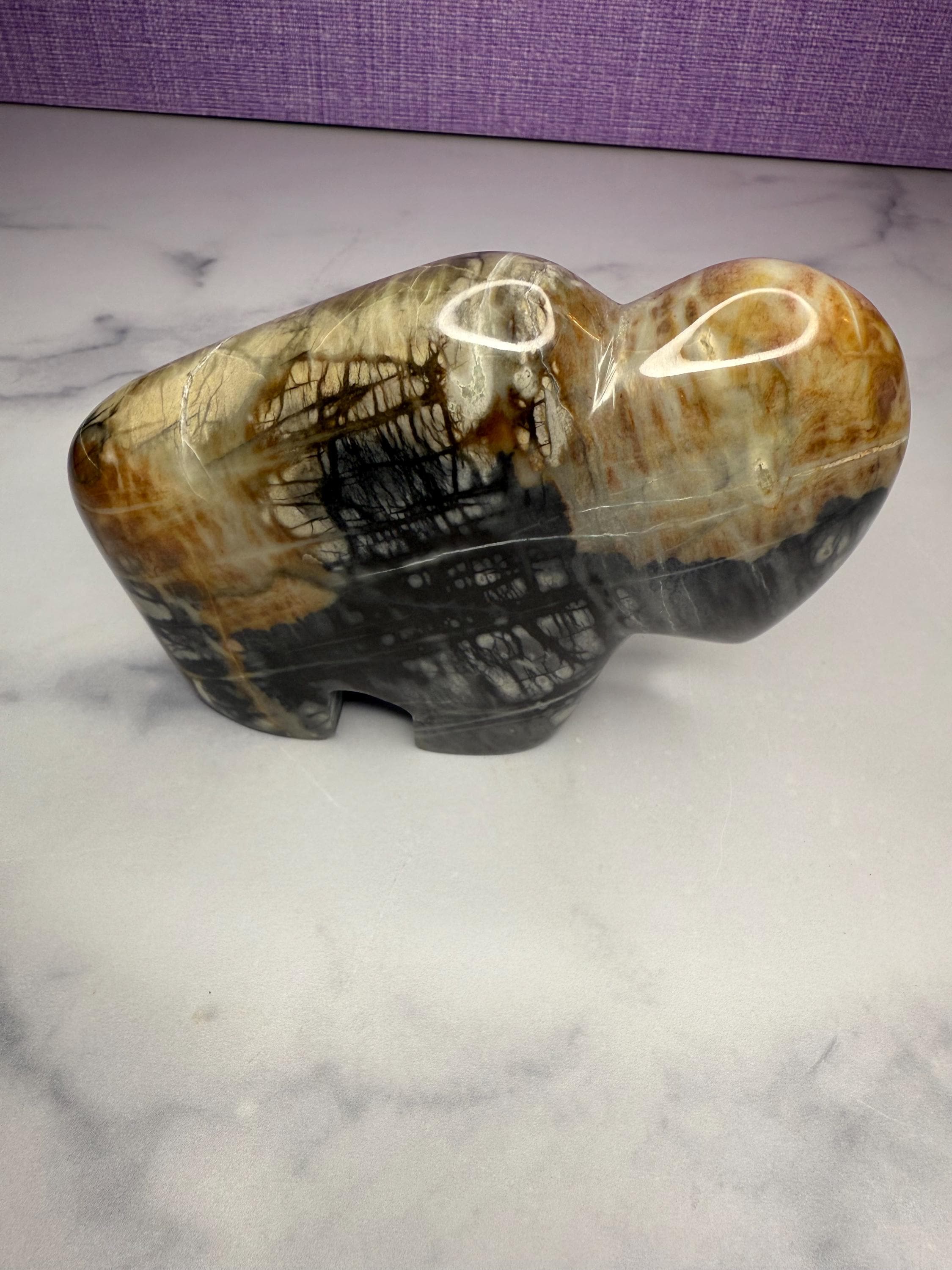 Picasso Jasper Buffalo Carving • Hand Carved Stone Bison Sculpture, Spiritual Decor 3