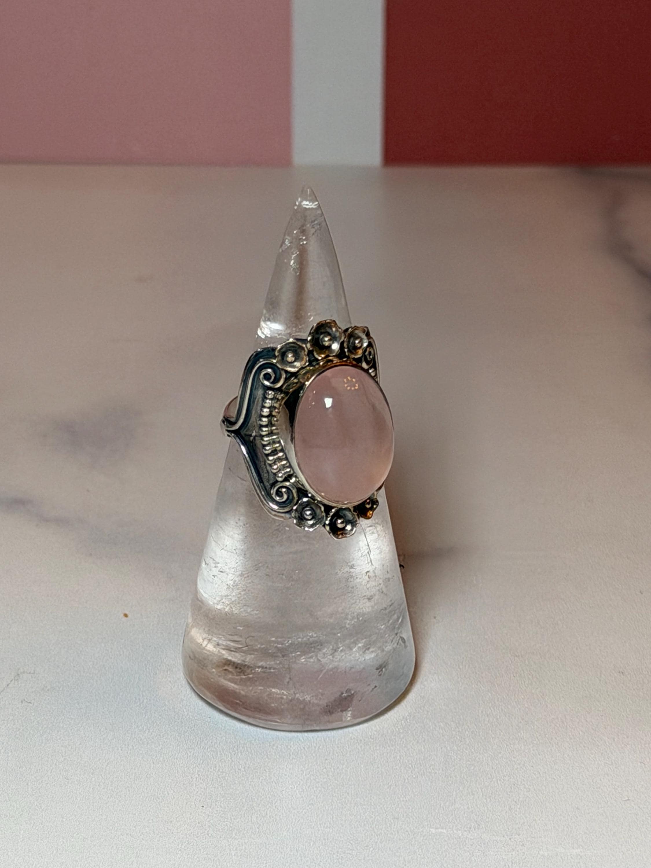 Rose Quartz Sterling Silver Floral Ring, Size 7, Romantic Gemstone Jewelry 8