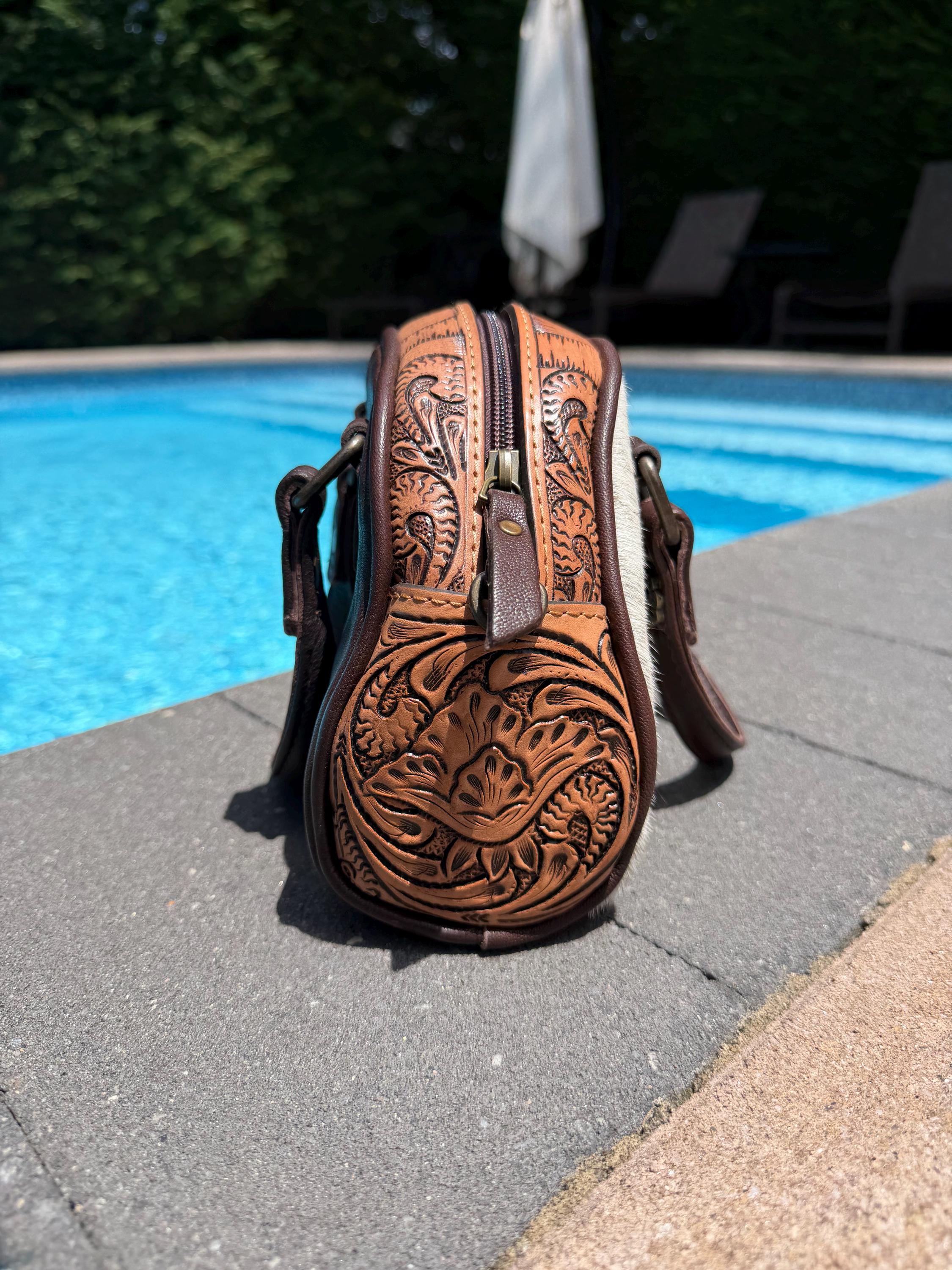 Hair-on Hide Tooled Leather Taco Bag | Western Crossbody Handbag, Rustic Style 7