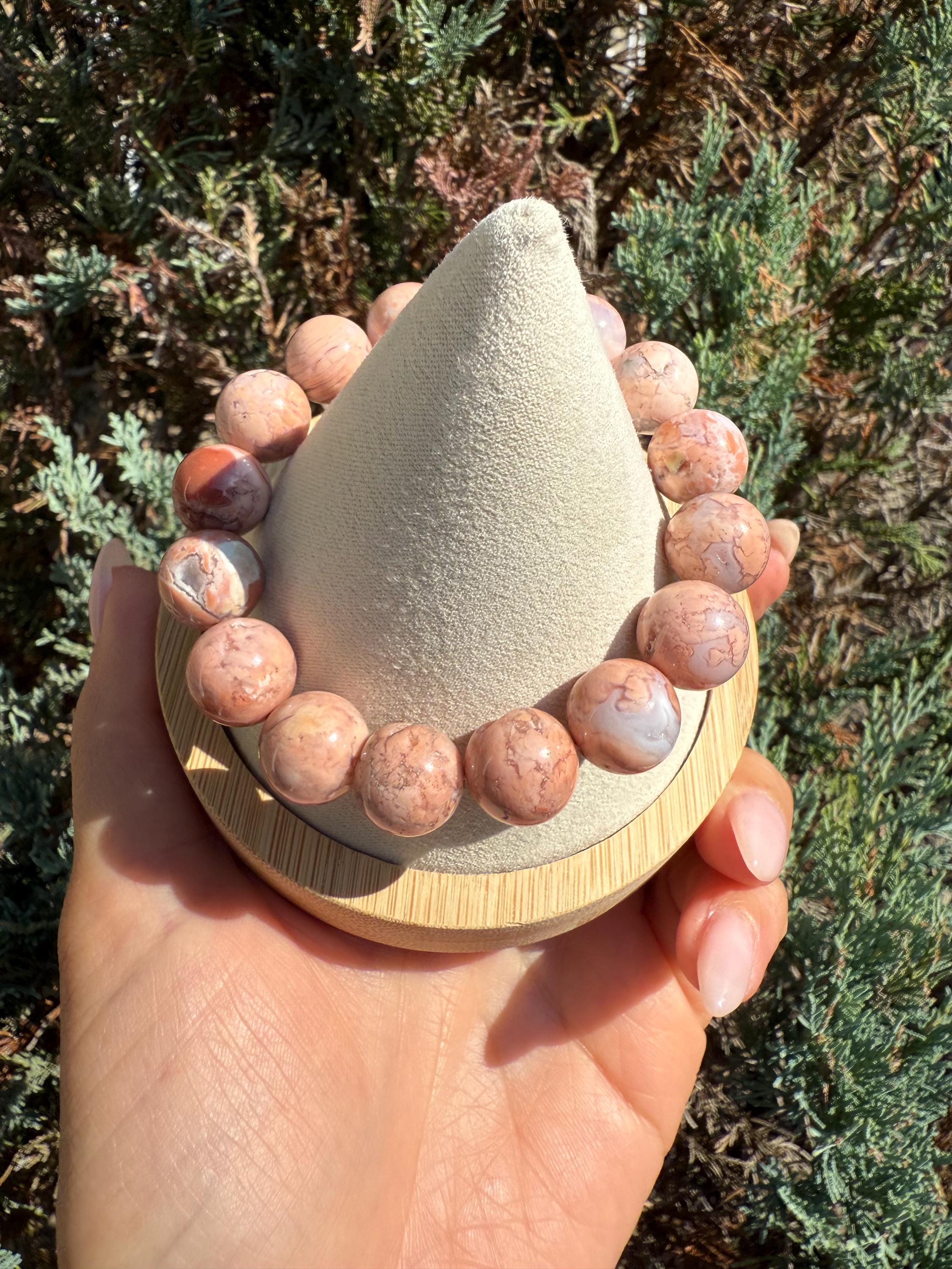 Druzy Pink Agate Stretch Beaded Bracelet, 13mm Cotton Candy Gemstone Jewelry 8