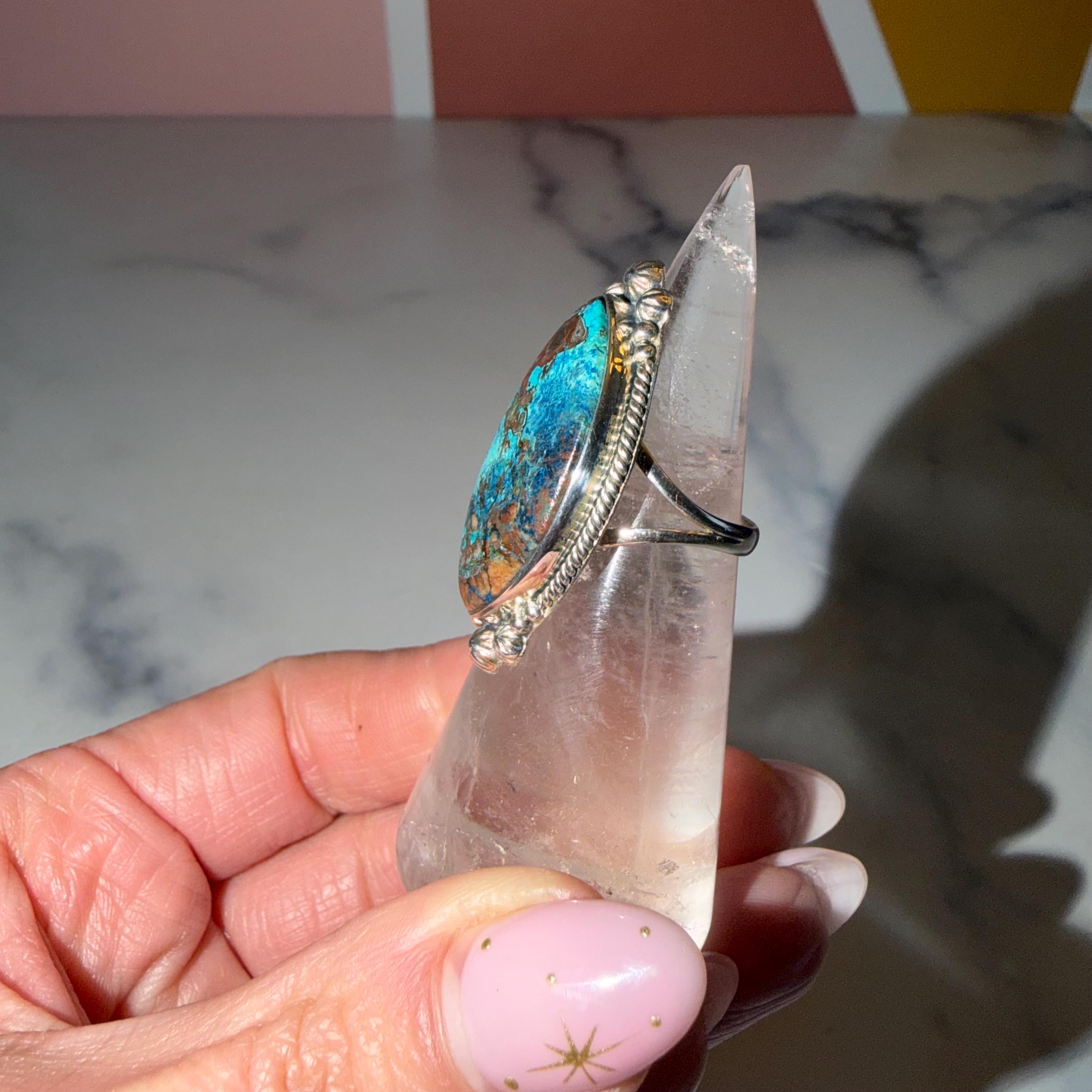 Chrysocolla Marquise Ring • Sterling Silver Blue Green Gemstone Boho Statement (Size 6) 4