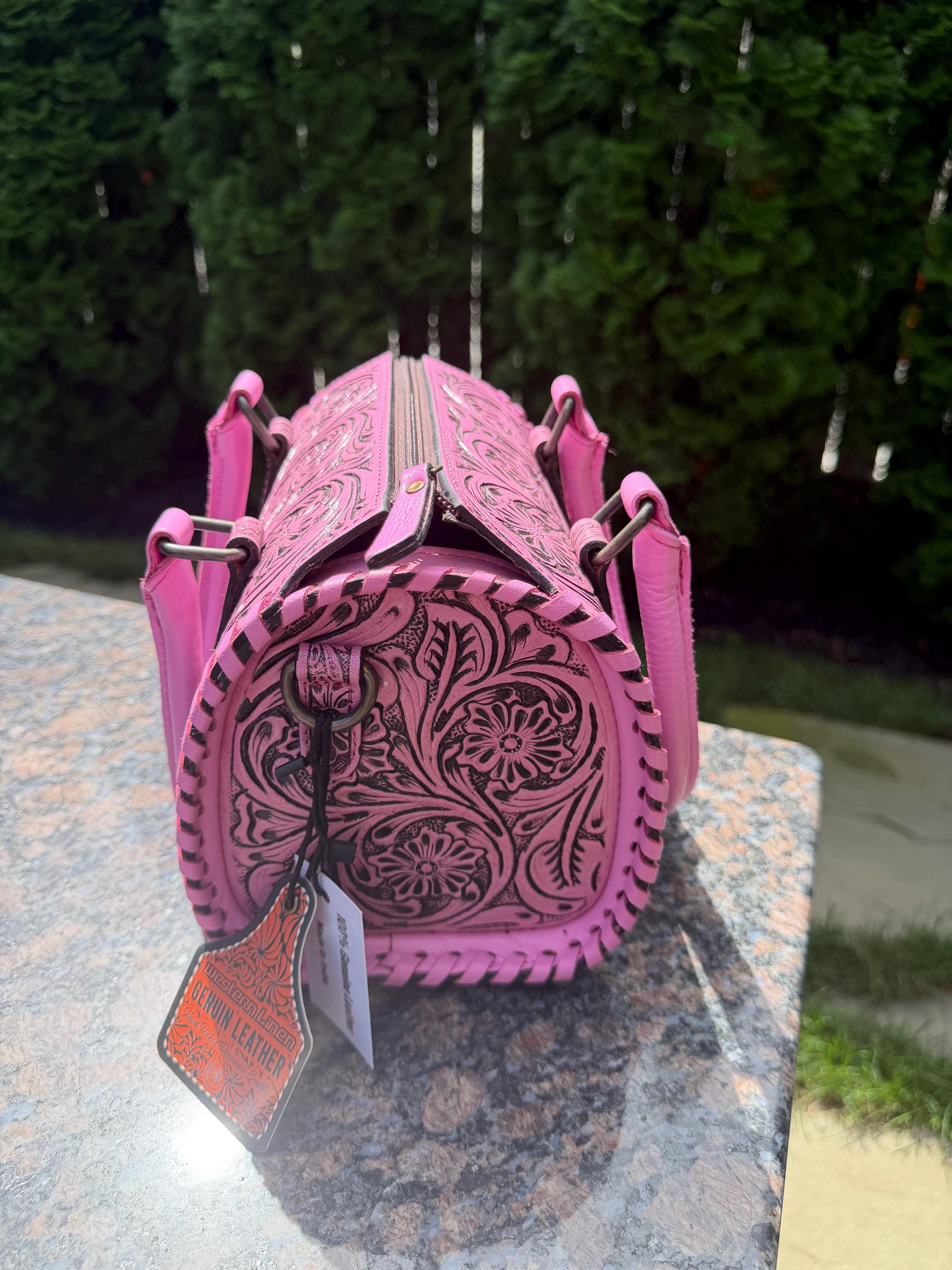 Small Pink Tooled Leather Speedy Bag – Western Floral Handbag 11