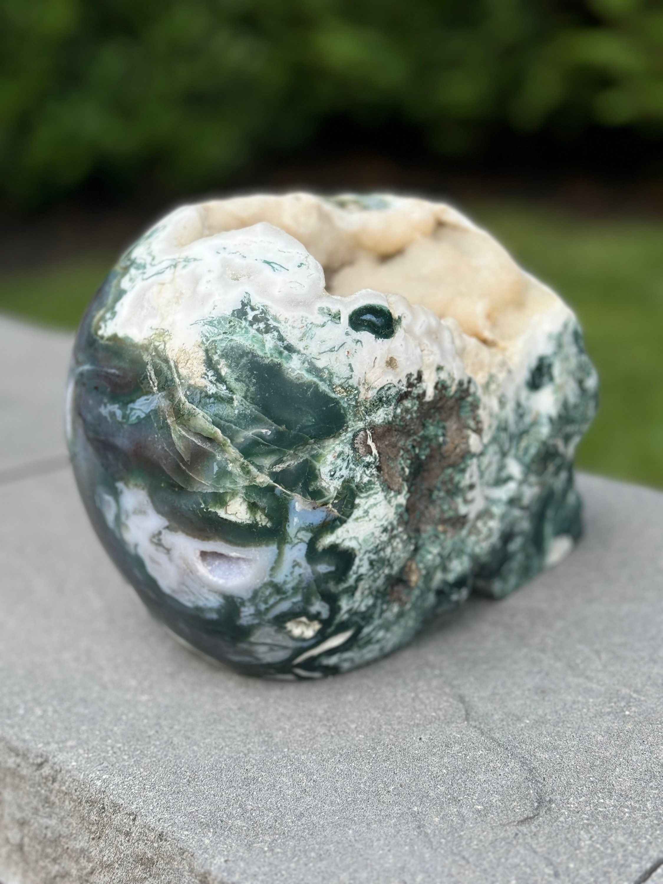 Moss Agate Skull Carving • Sugar Druzy Crystal Art, Spiritual Decor 7