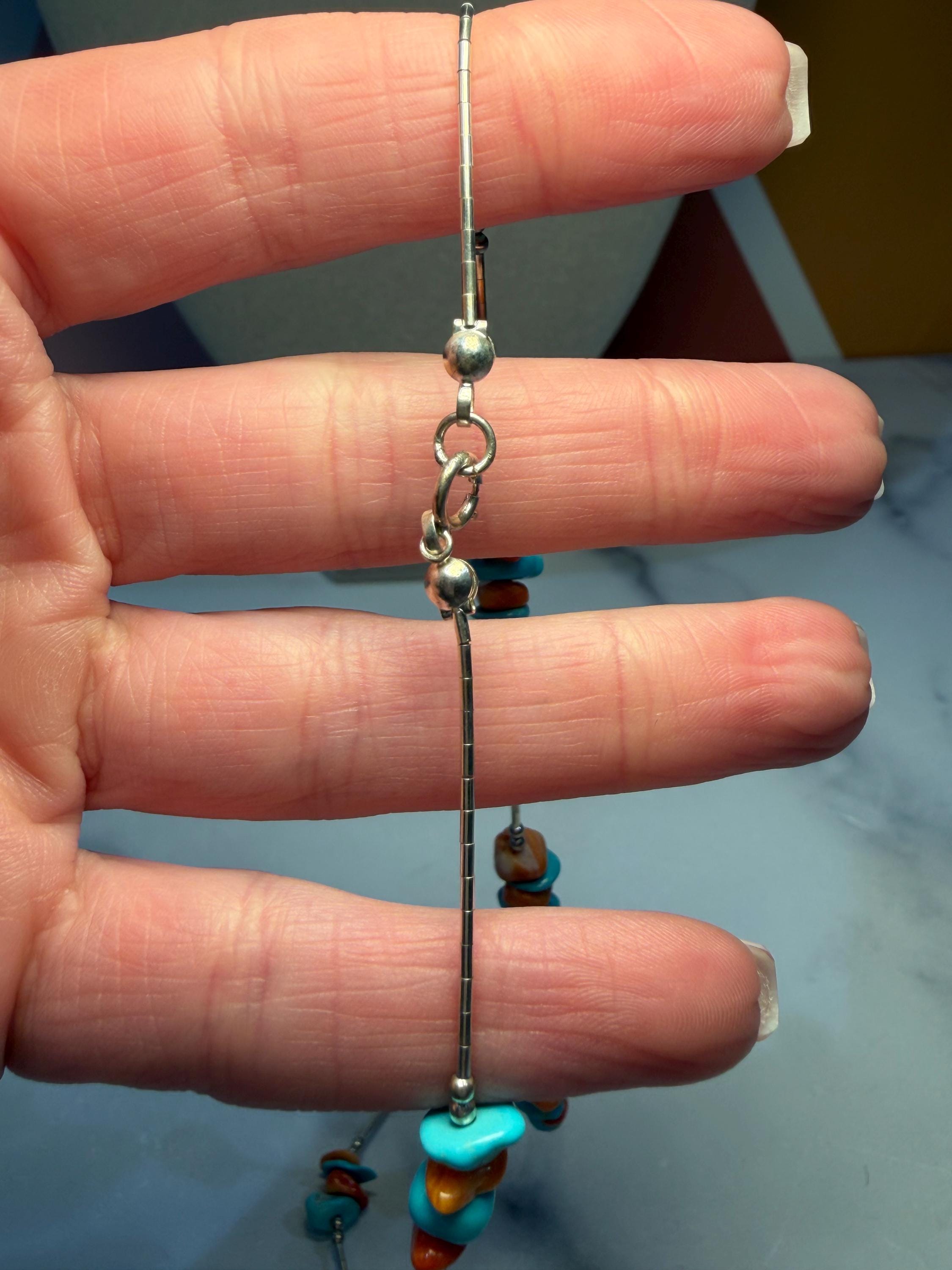 Liquid Silver Necklace Orange Spiny Oyster Turquoise Chips 925 Sterling Southwest (17.5 Inch) 4