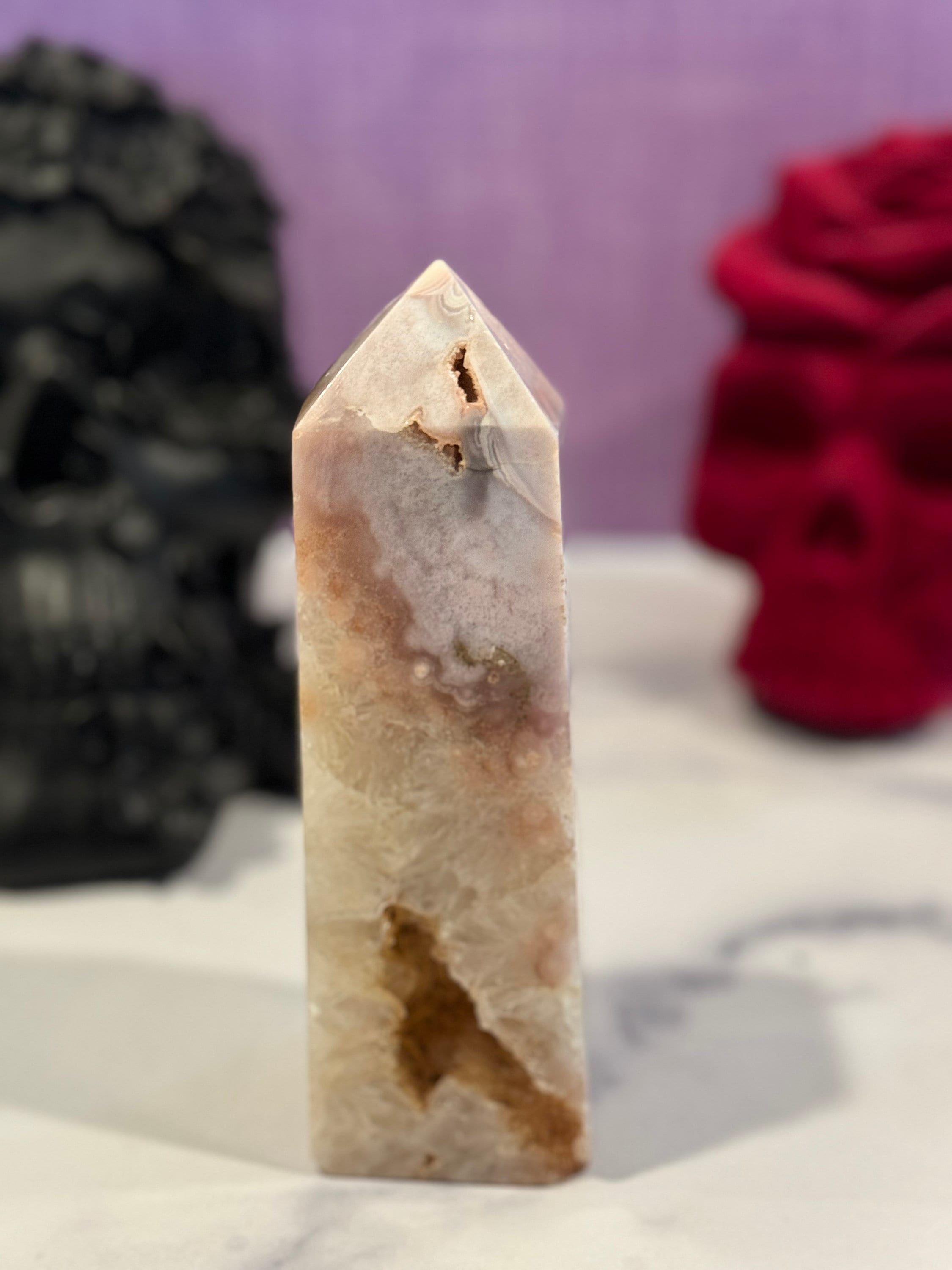 Pink Amethyst Flower Agate Druzy Crystal Tower • Polished Healing Stone Decor 4