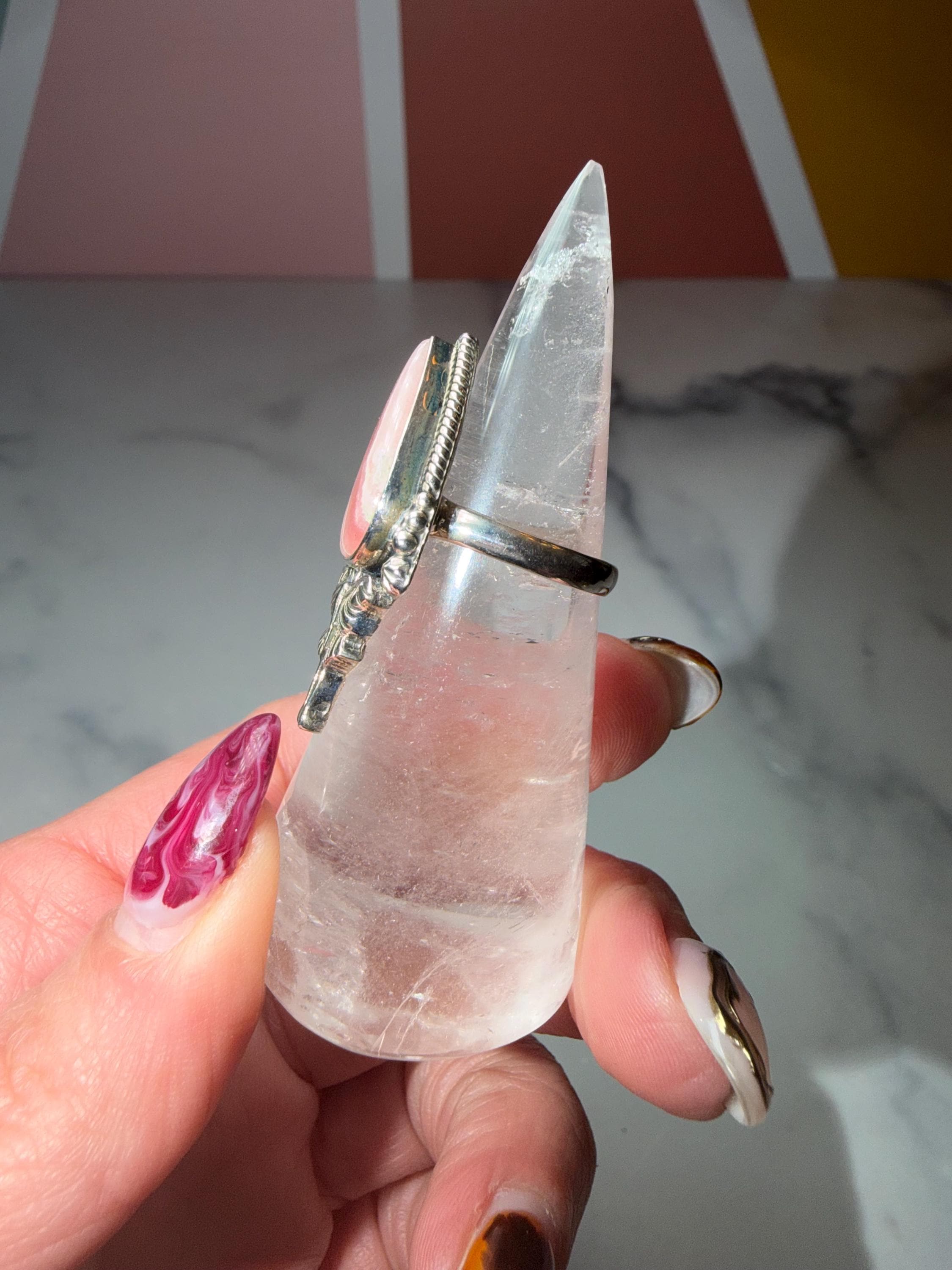 Rhodochrosite Luna Moth Ring • Sterling Silver Celestial Statement Jewelry (size 7) 9