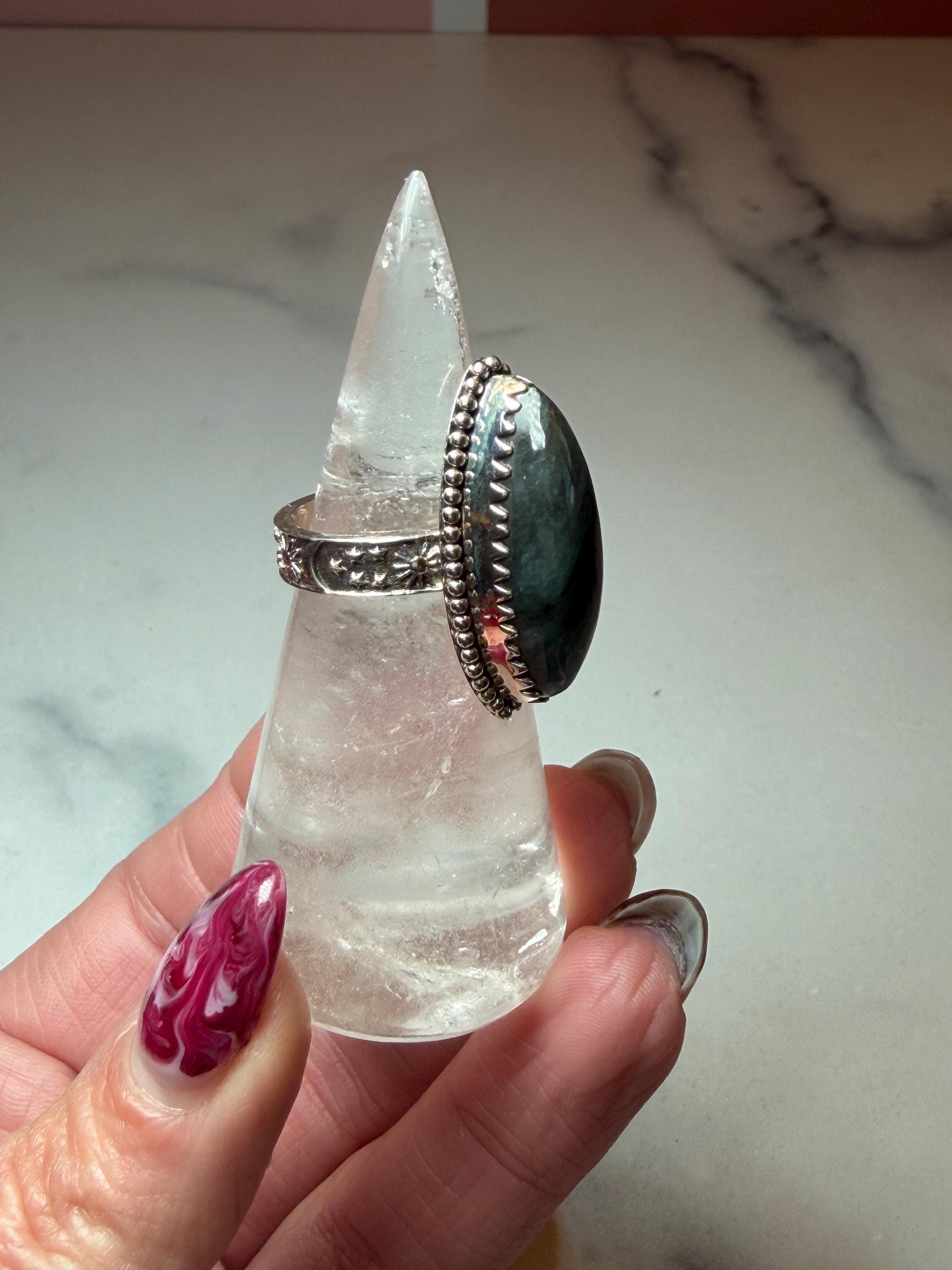 Marquis Labradorite Ring • Sterling Silver • Blue Green Flash Gemstone • Boho Statement Jewelry (size 6.5) 10